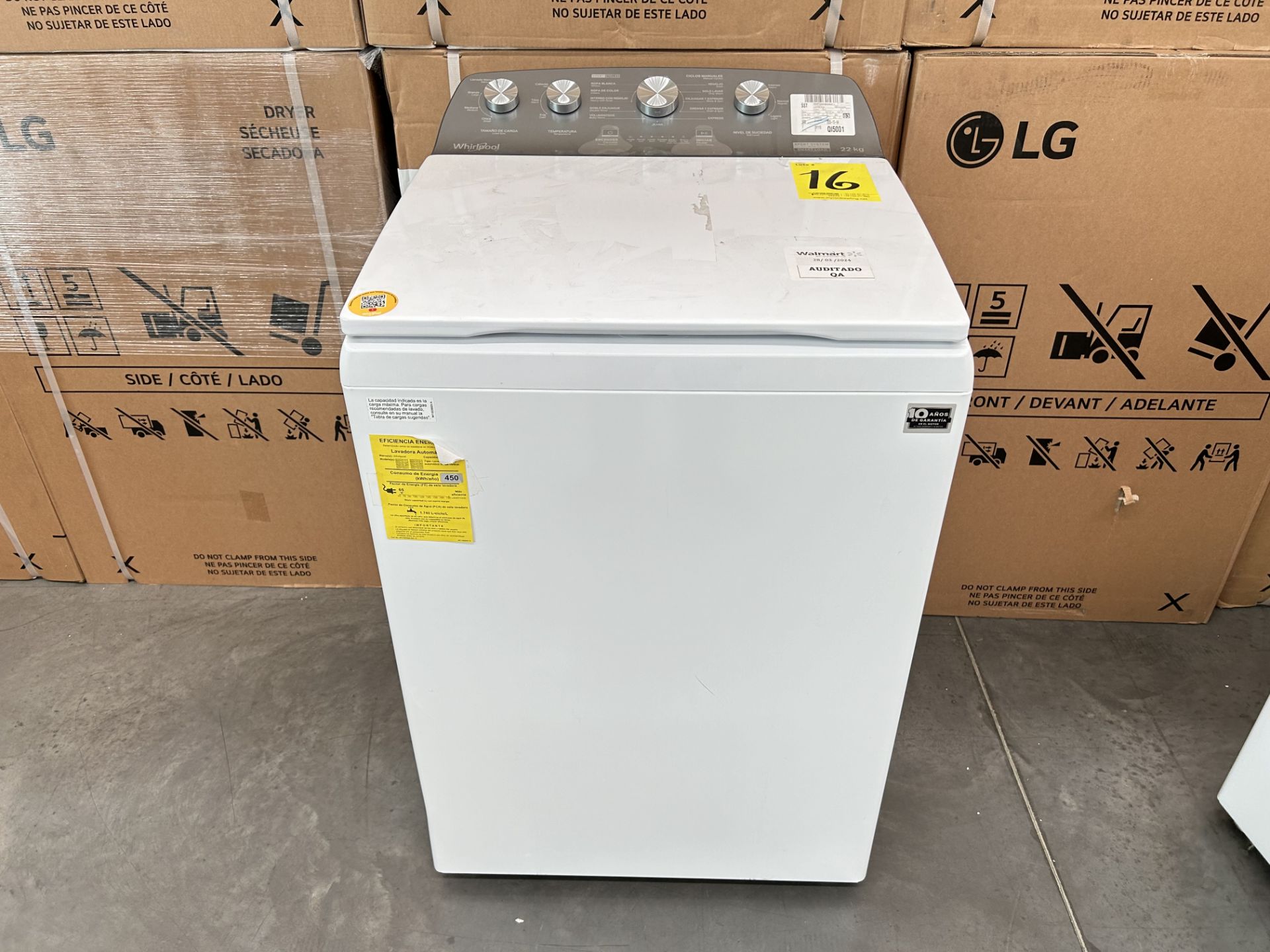 Lavadora de 22 Kg Marca WHIRLPOOL, Modelo 8MWTW2224PMM0, Serie 443467, Color BLANCO (Equipo de devo