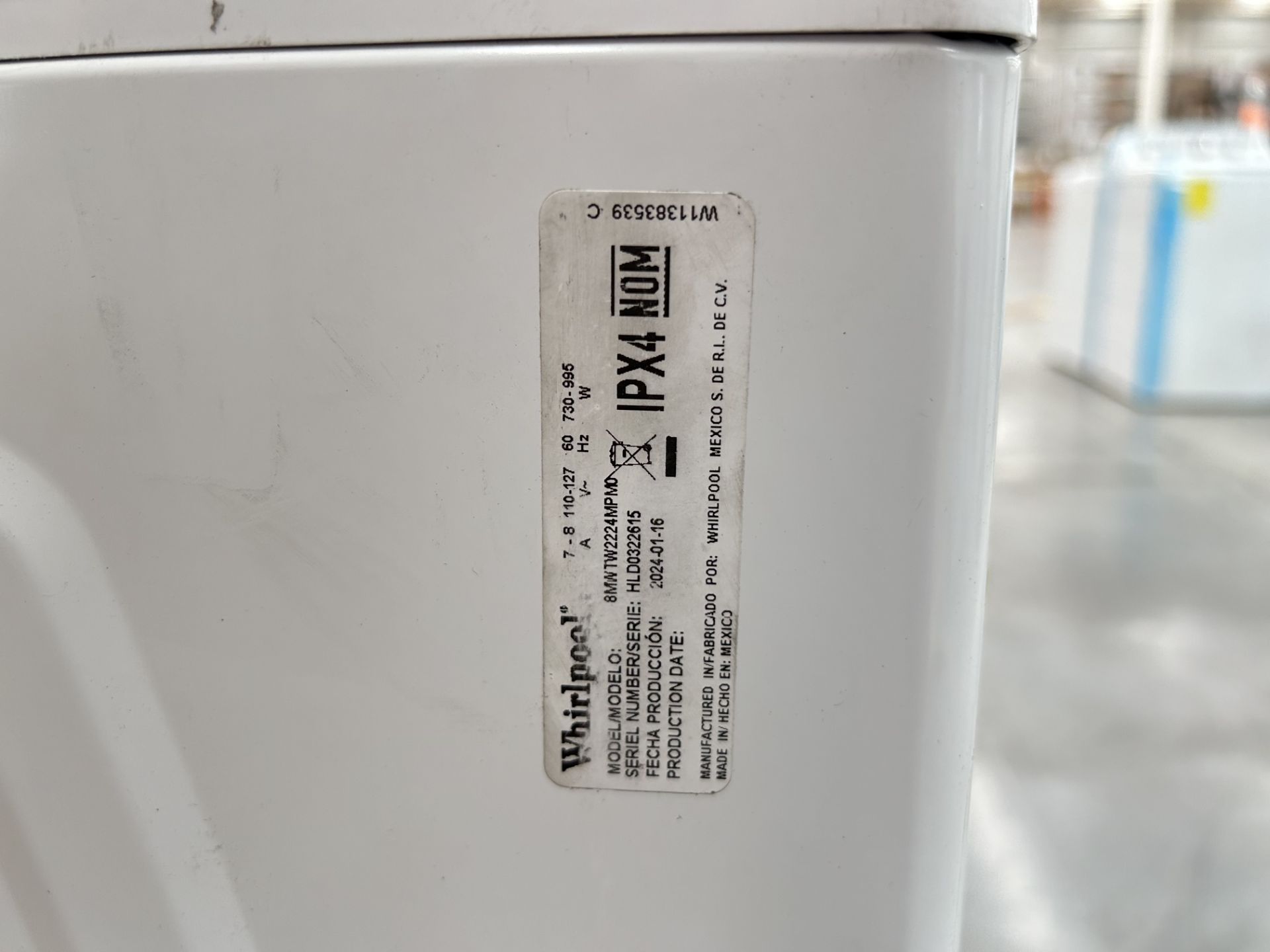 Lavadora de 22 Kg Marca WHIRLPOOL, Modelo 8MWTW2224PMM0, Serie 322615, Color BLANCO (Equipo de devo - Image 6 of 8