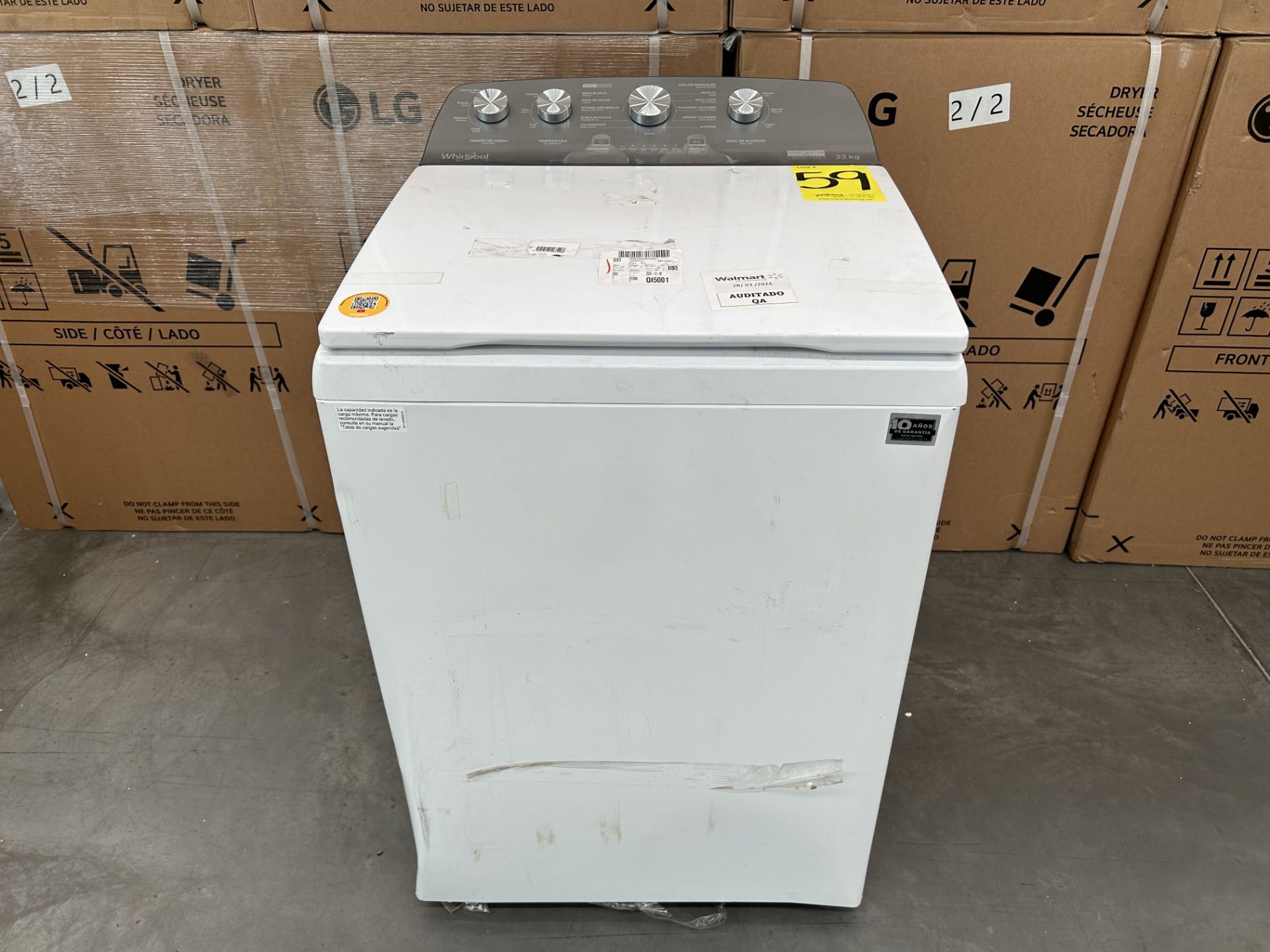 Lavadora de 22 Kg Marca WHIRLPOOL, Modelo 8MWTW2224PMM0, Serie 322565, Color BLANCO (Equipo de devo