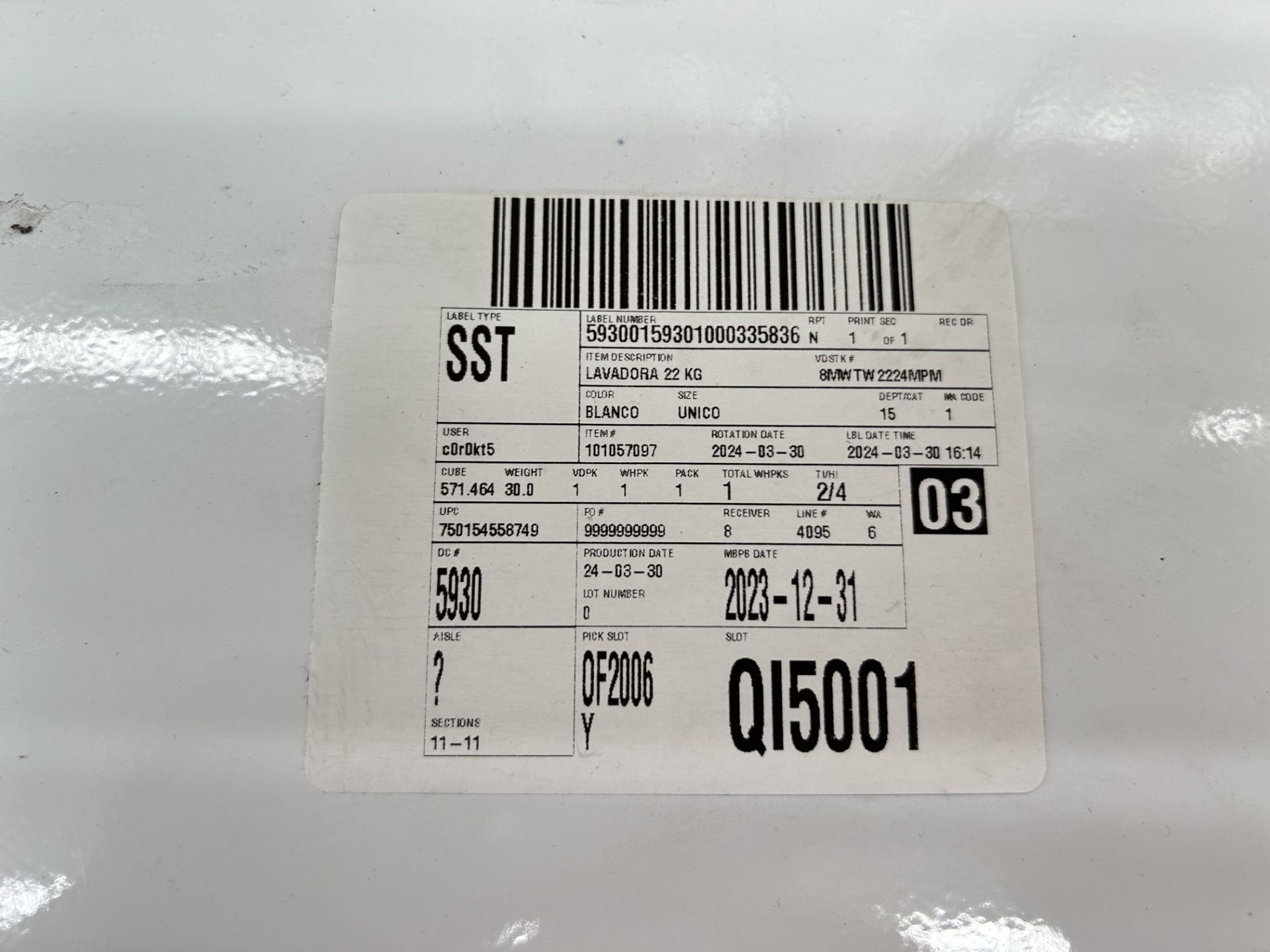 Lavadora de 22 Kg Marca WHIRLPOOL, Modelo 8MWTW2224PMM0, Serie 714265, Color BLANCO (Equipo de devo - Image 7 of 8