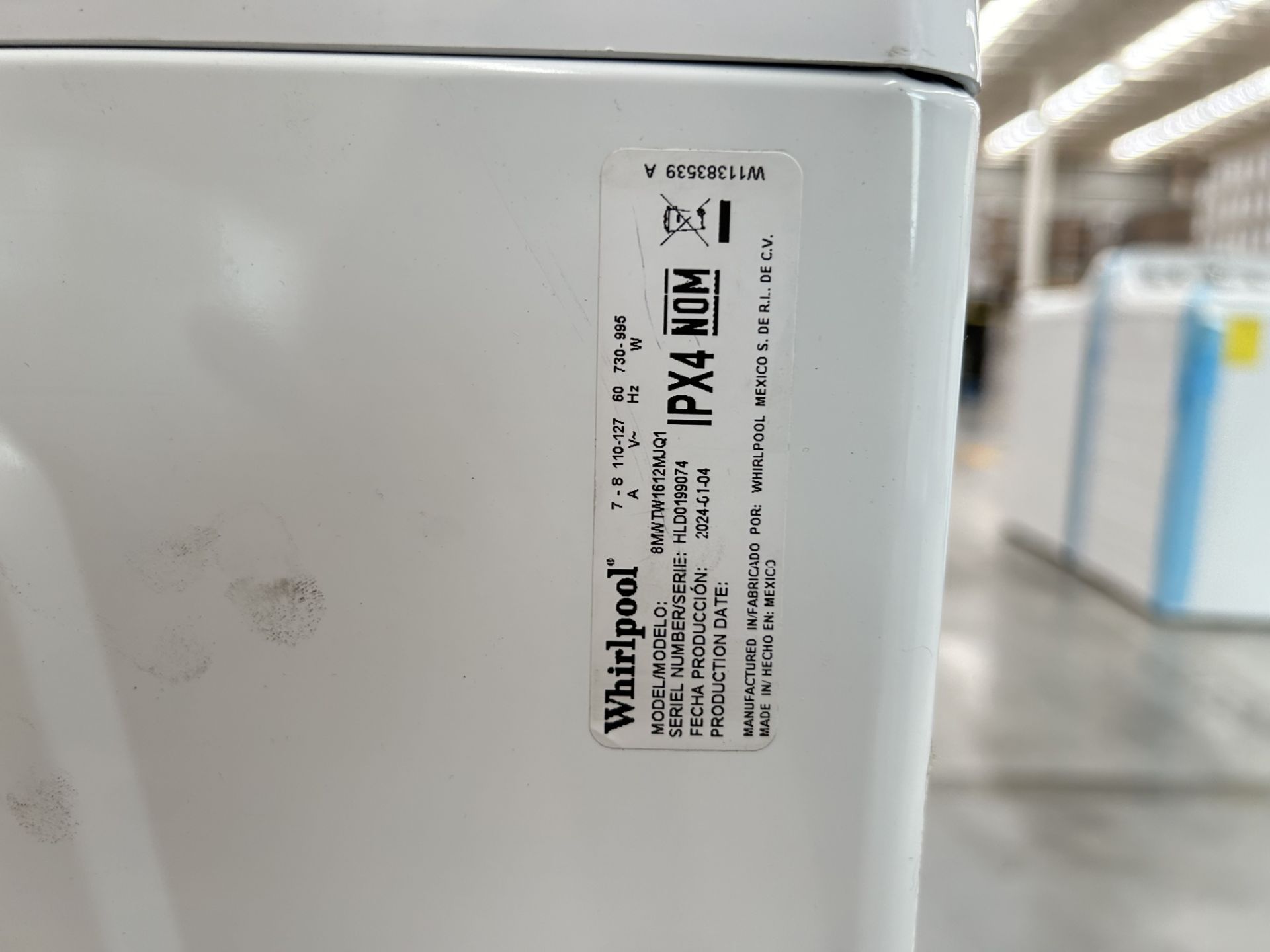 Lavadora de 16 Kg Marca WHIRLPOOL, Modelo 8MWTW1612MJK1, Serie 199074, Color BLANCO (Equipo de devo - Image 6 of 8