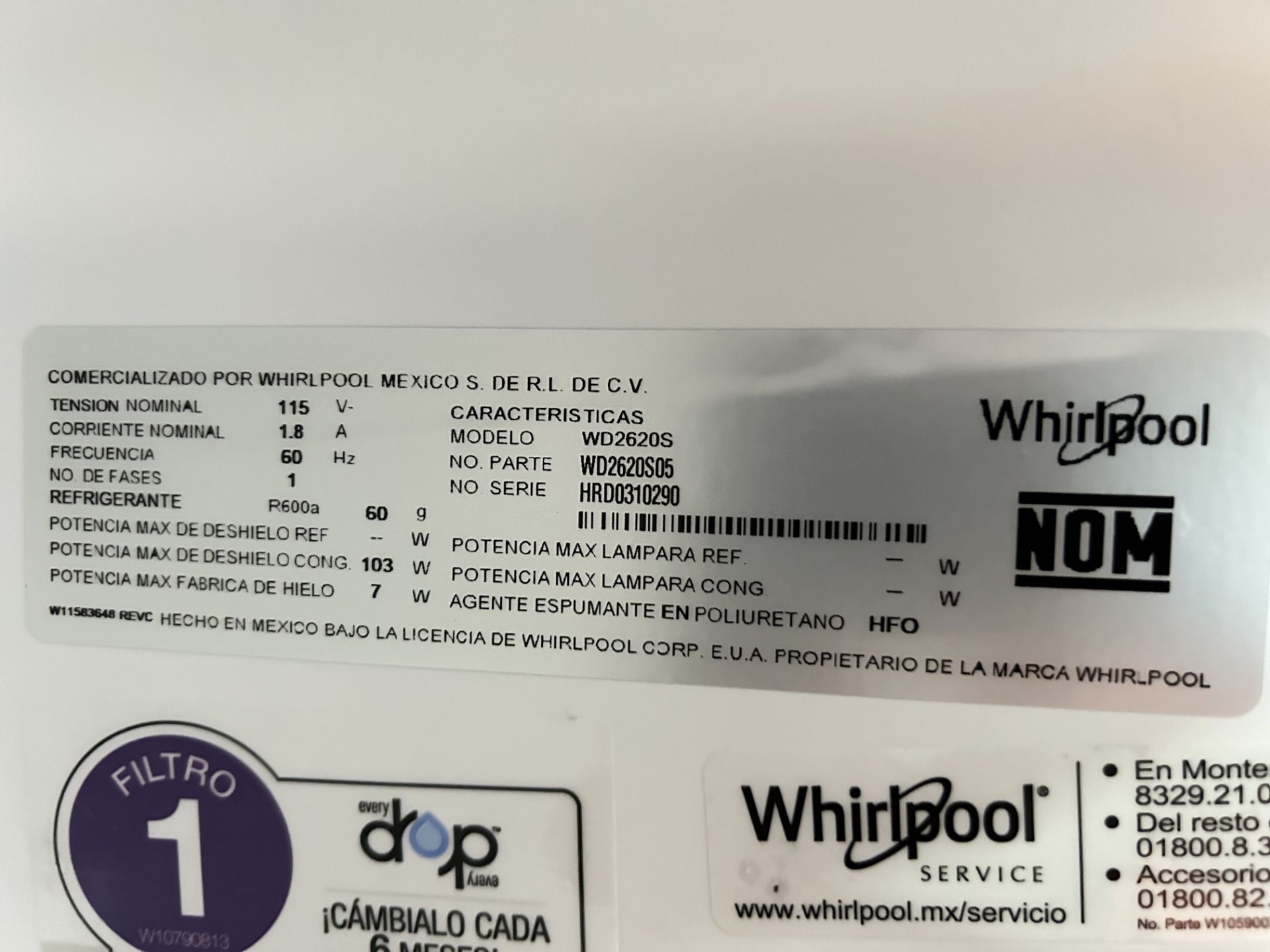 Refrigerador con dispensador de agua Marca WHIRLPOOL, Modelo WD2620S, Serie 310290, Color GRIS (Equ - Image 5 of 7