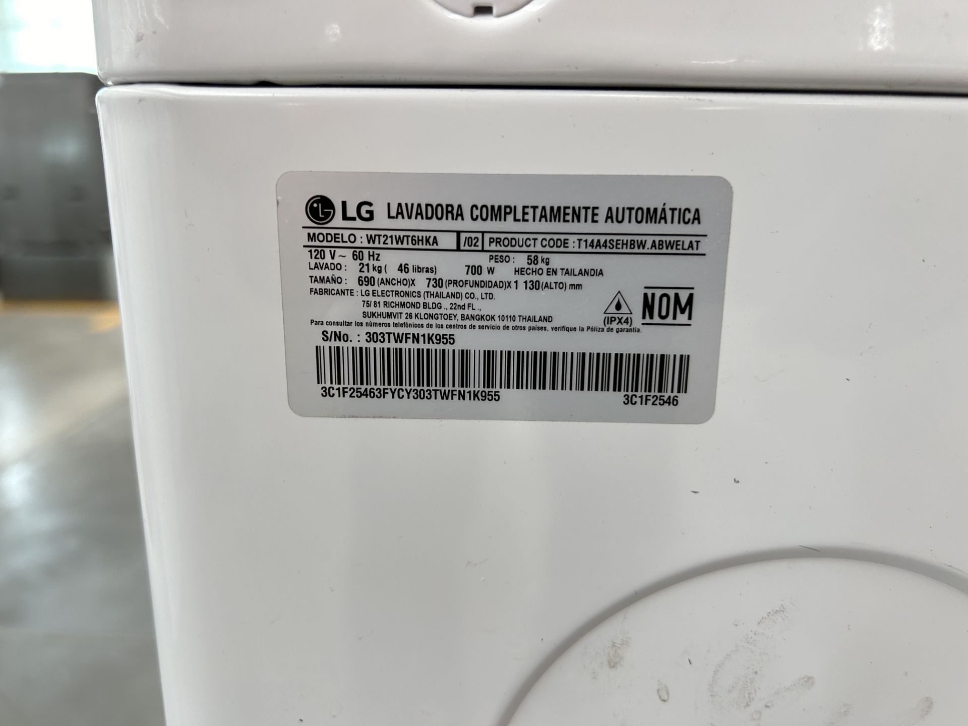 Lavadora de 21 Kg Marca LG, Modelo WT21WT6HKA, Serie N1K955, Color BLANCO (Equipo de devolución) - Image 6 of 8
