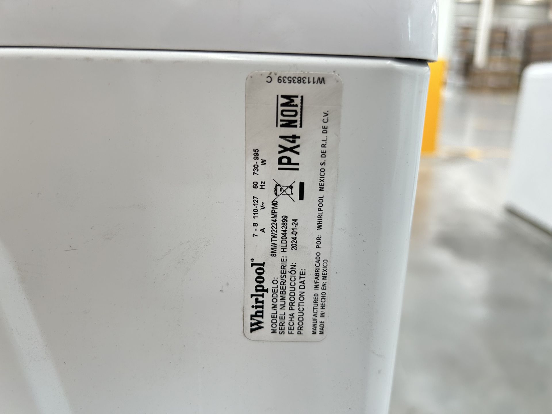 Lavadora de 22 Kg Marca WHIRLPOOL, Modelo 8MWTW2224PMM0, Serie 442899, Color BLANCO (Equipo de devo - Image 6 of 8