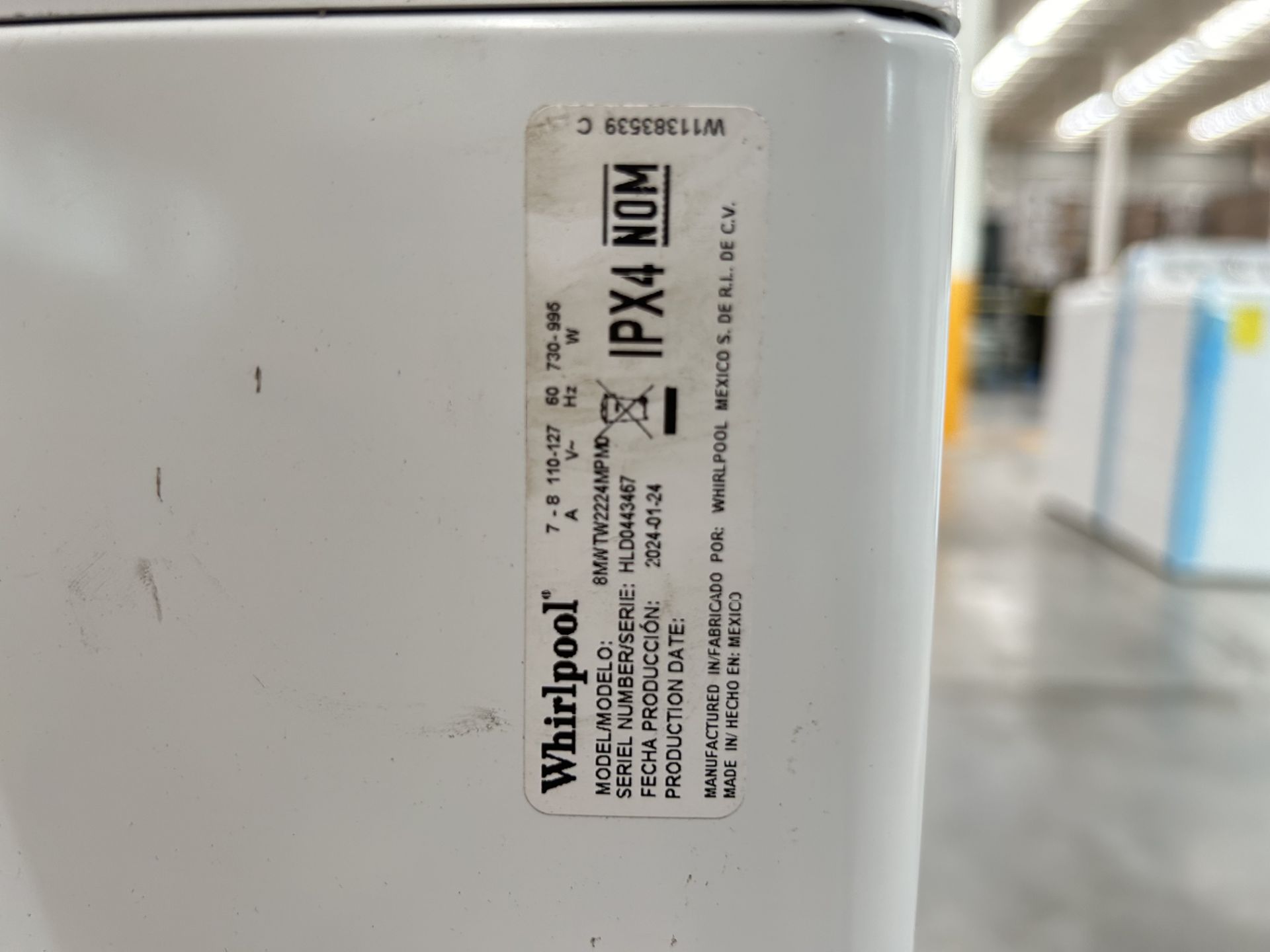 Lavadora de 22 Kg Marca WHIRLPOOL, Modelo 8MWTW2224PMM0, Serie 443467, Color BLANCO (Equipo de devo - Image 6 of 8