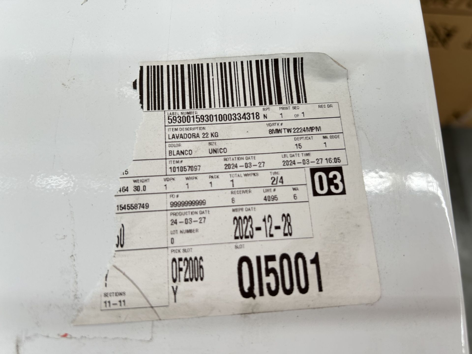 Lavadora de 22 Kg Marca WHIRLPOOL, Modelo 8MWTW2224PMM0, Serie 442079, Color BLANCO (Equipo de devo - Image 7 of 8