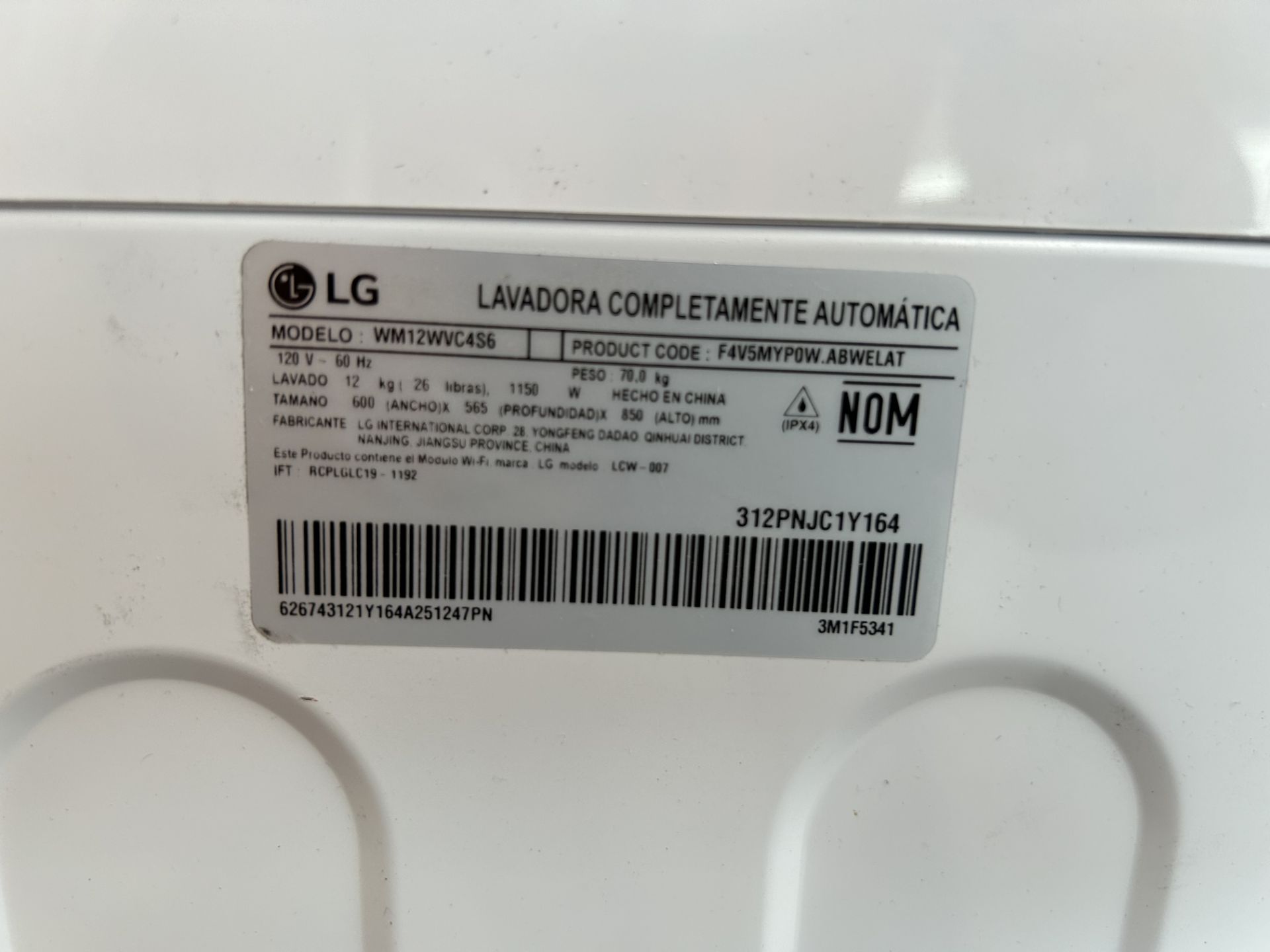 Lavadora de 12 Kg Marca LG, Modelo WM12WVC4S6, Serie C1Y164, Color BLANCO (Equipo de devolución) - Image 6 of 8