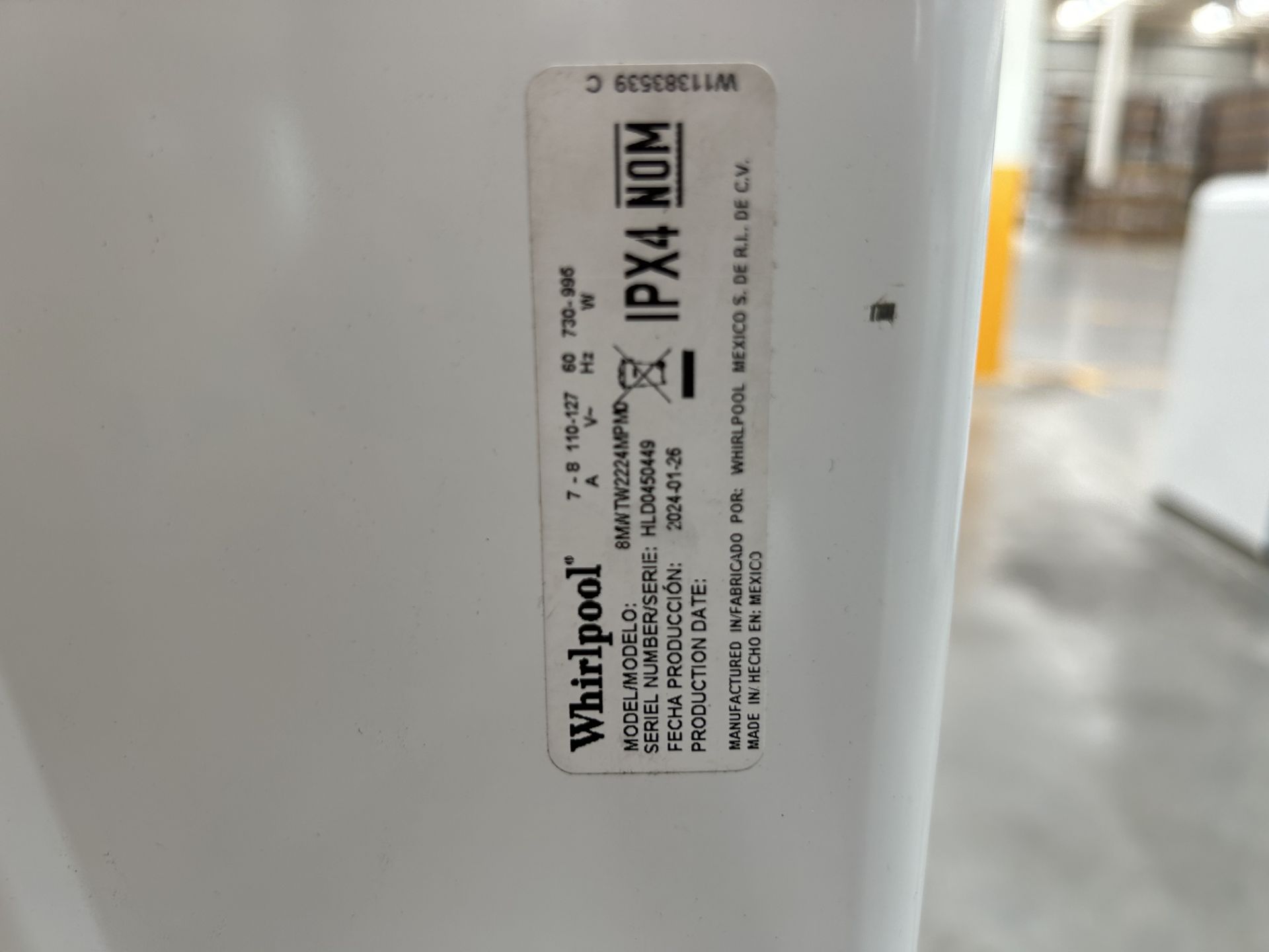 Lavadora de 22 Kg Marca WHIRLPOOL, Modelo 8MWTW2224PMM0, Serie 450449, Color BLANCO (Equipo de devo - Image 6 of 8