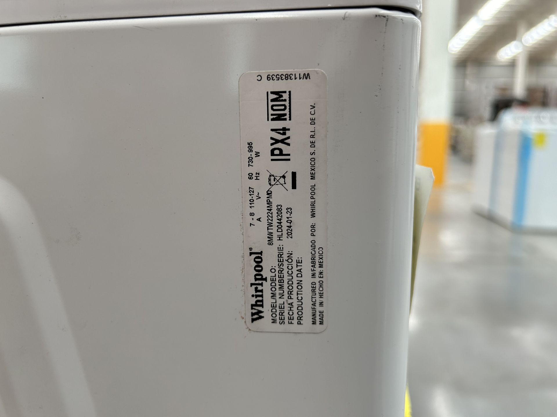 Lavadora de 22 Kg Marca WHIRLPOOL, Modelo 8MWTW2224PMM0, Serie 442083, Color BLANCO (Equipo de devo - Image 6 of 8