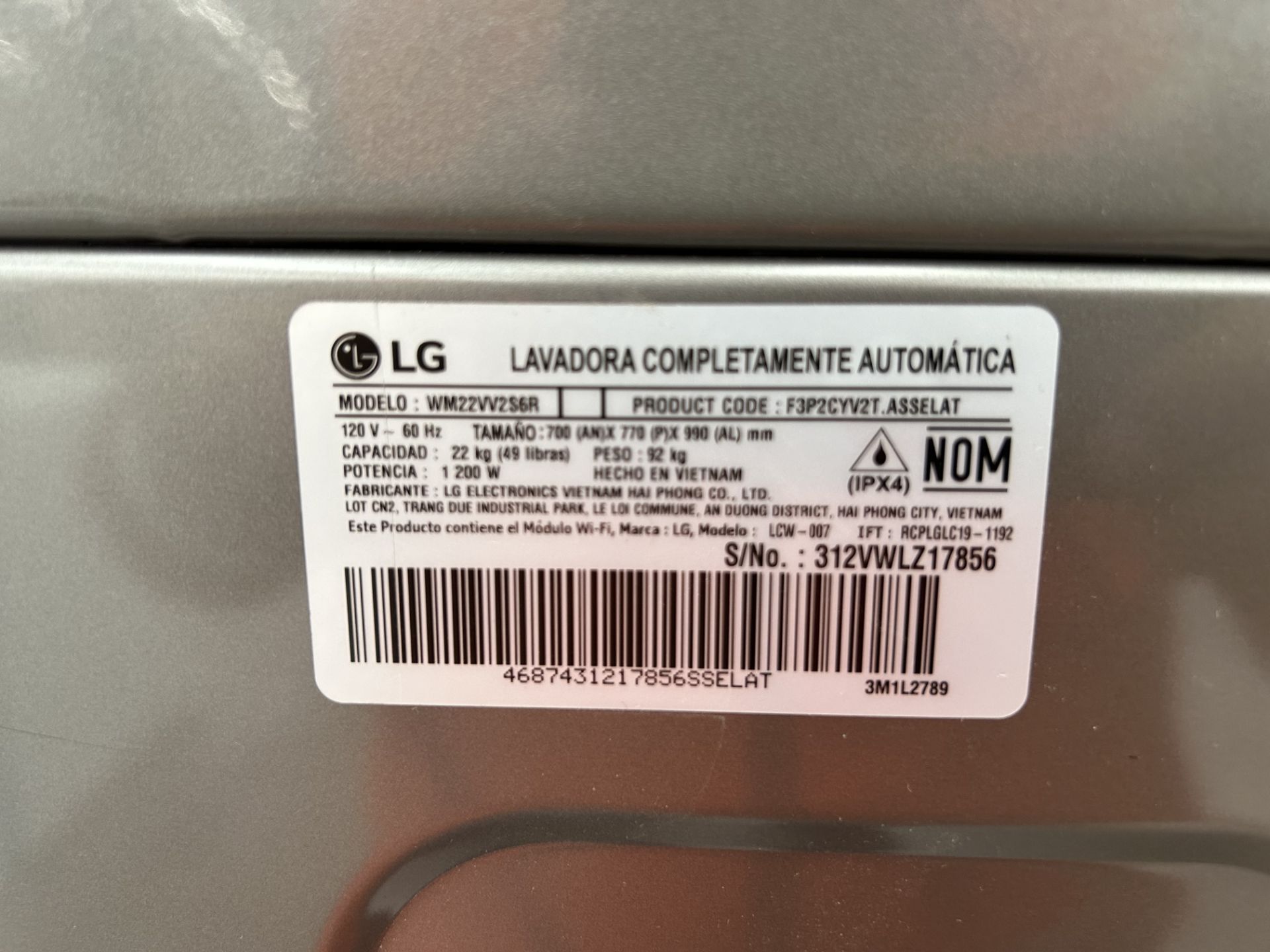 Lavadora Frontal de 22 Kg con pedestal integrado Marca LG Modelo WM22W2S6R, Serie Z17856, Color GRI - Image 5 of 8