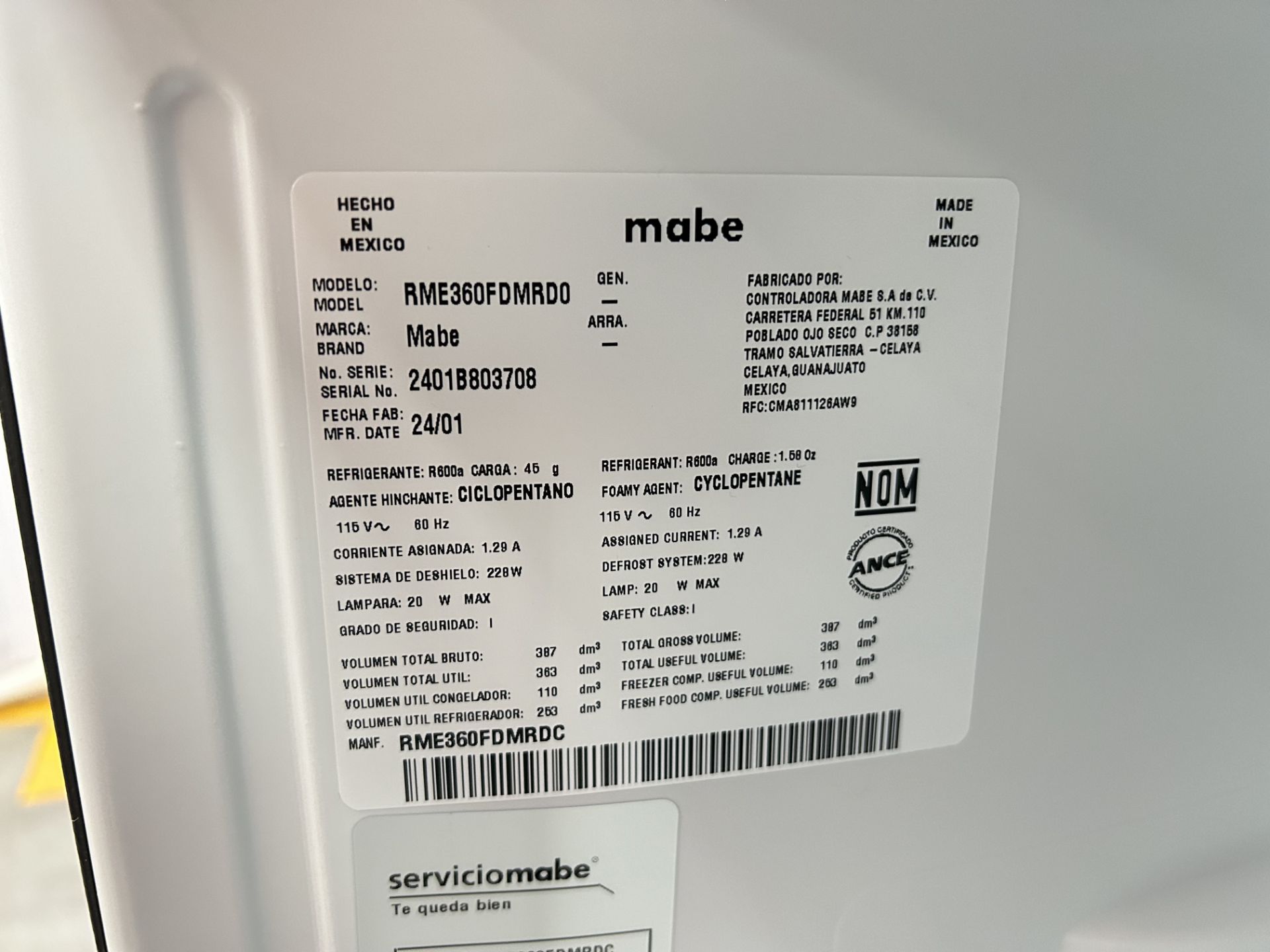 Refrigerador con dispensador de agua Marca MABE, Modelo RME360FDMRD0, Serie 803708, Color GRIS (Equ - Bild 6 aus 8