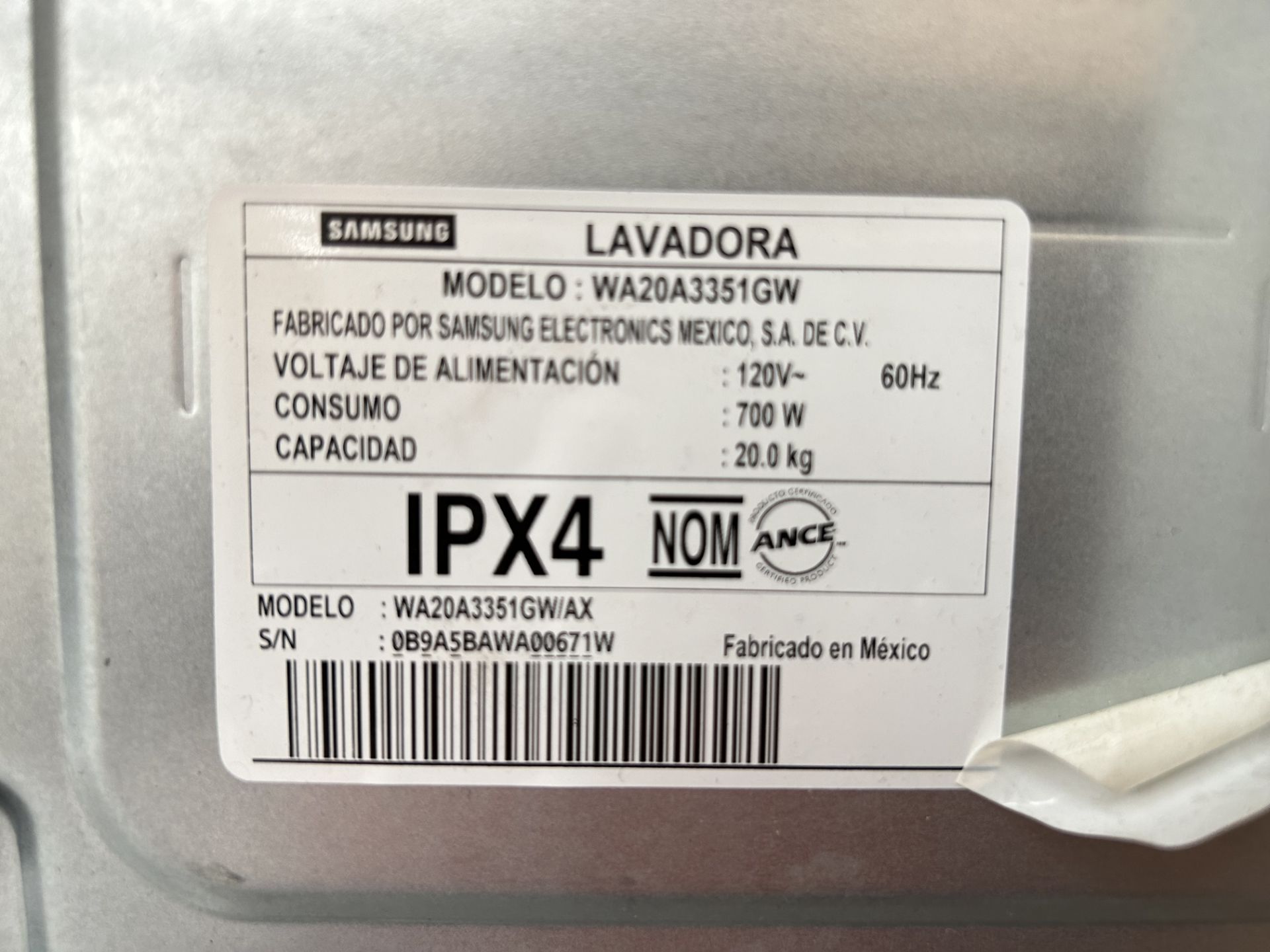 Lavadora de 20 Kg Marca SAMSUNG, Modelo WA20A3551GW, Serie 00671W, Color BLANCO (Equipo de devoluci - Image 6 of 8