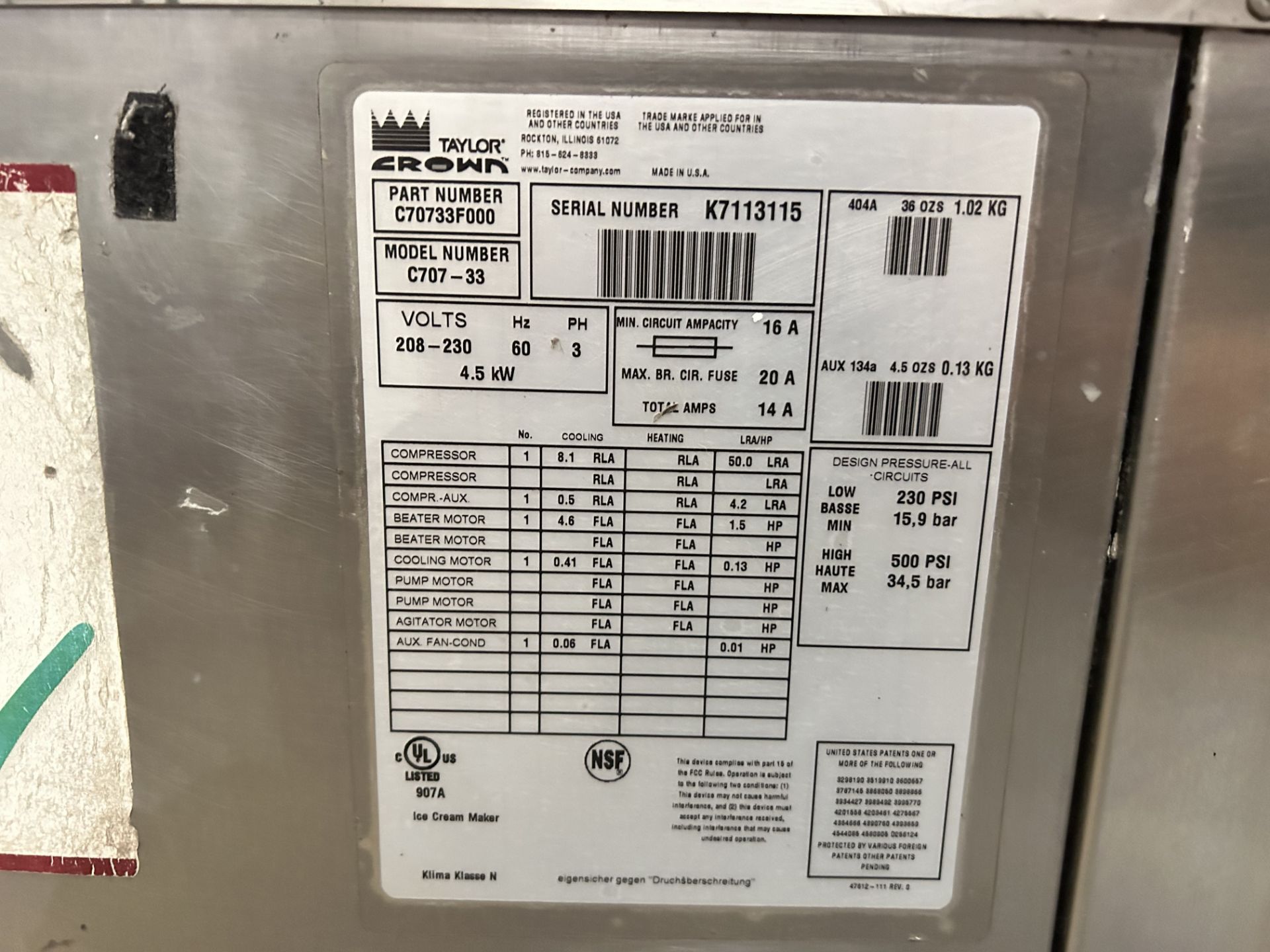 1 Máquina de helado suave en acero inoxidable Marca TAYLOR, Modelo C707-33, Serie K7113115, 208-230 - Image 6 of 7