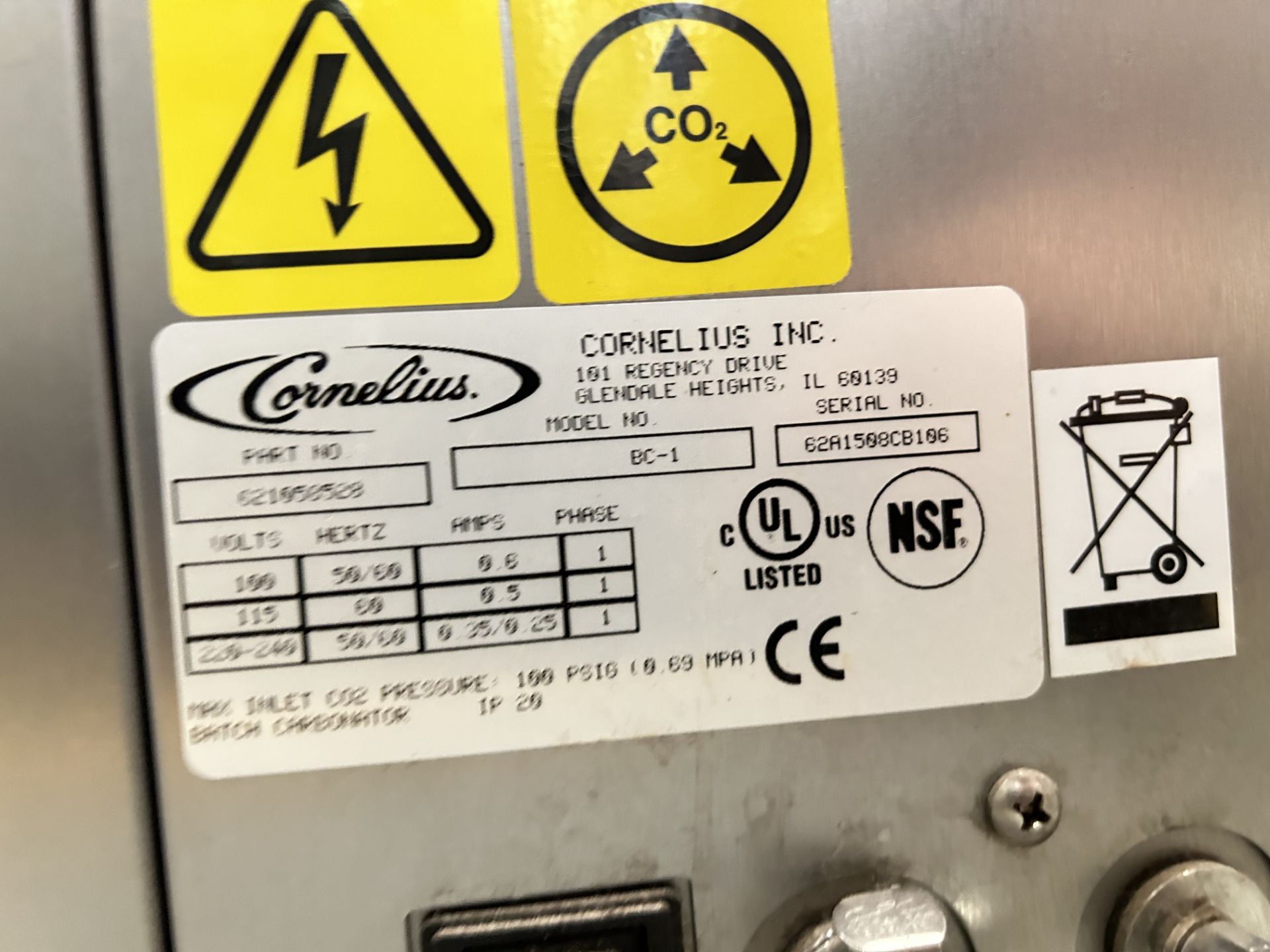 1 Gasificadora Marca CORNELIUS, Modelo BC-1, Serie 62A1500BC106, 100/115/220/240 v 50/60Hz (Equipo - Bild 5 aus 6
