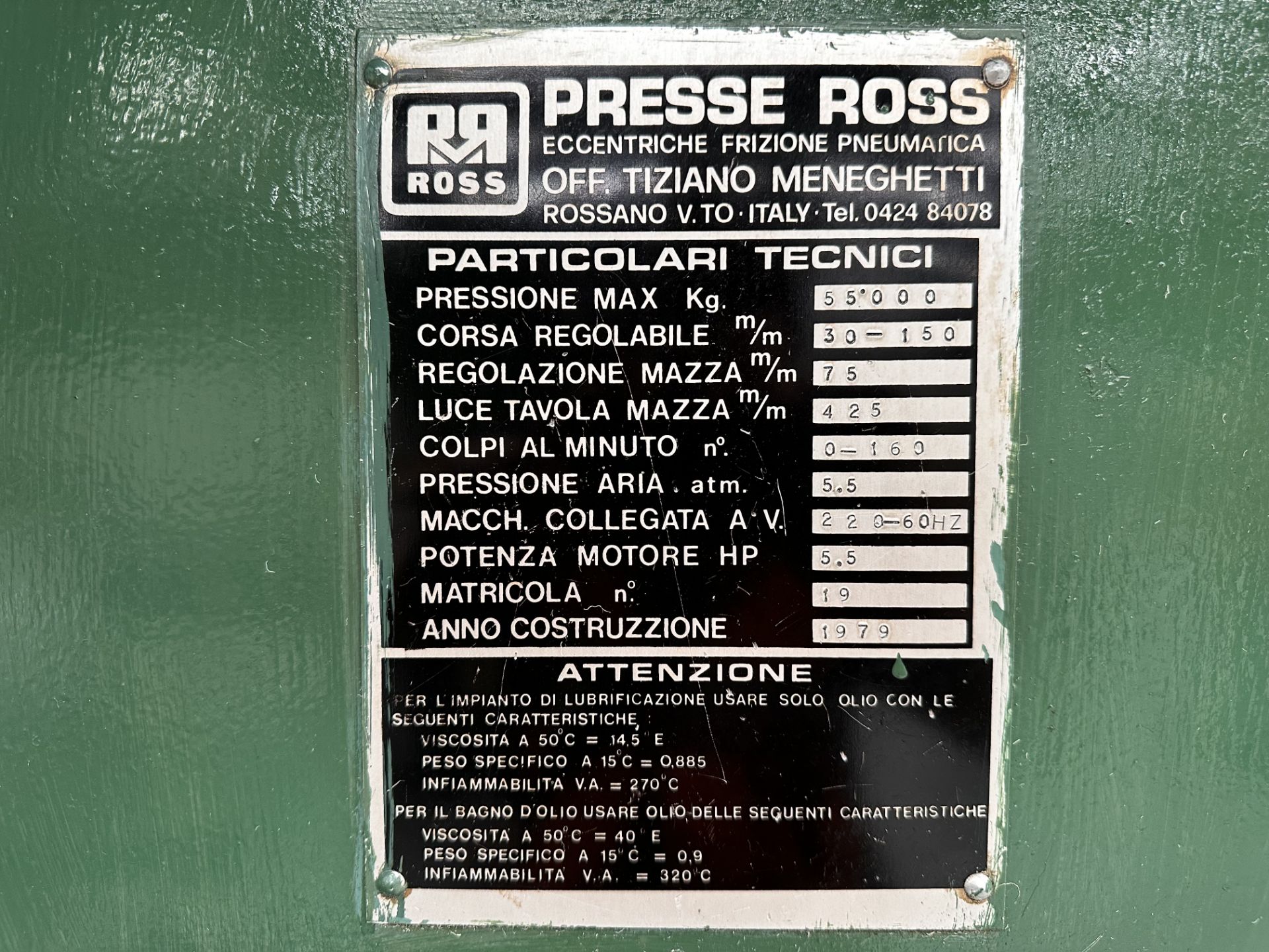 Ross 55 ton Die Stamping Press, Model 55, Serial No. 19, Year 1979, 440V, 5.5 hp motor, Pneumatic c - Image 8 of 11