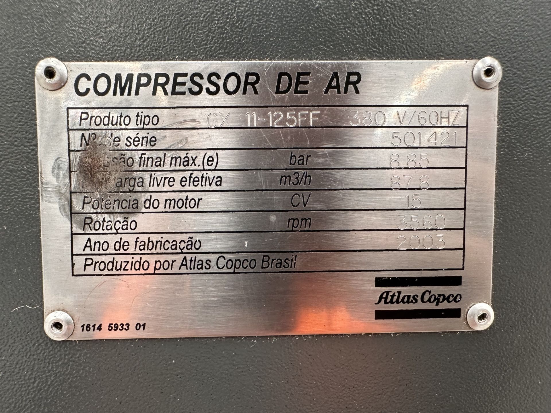 Atlas Copco Air Compressor, Model GX 11-125FF, Serial No. 501421, Year 2003, 380V, Maximum pressure - Image 7 of 8