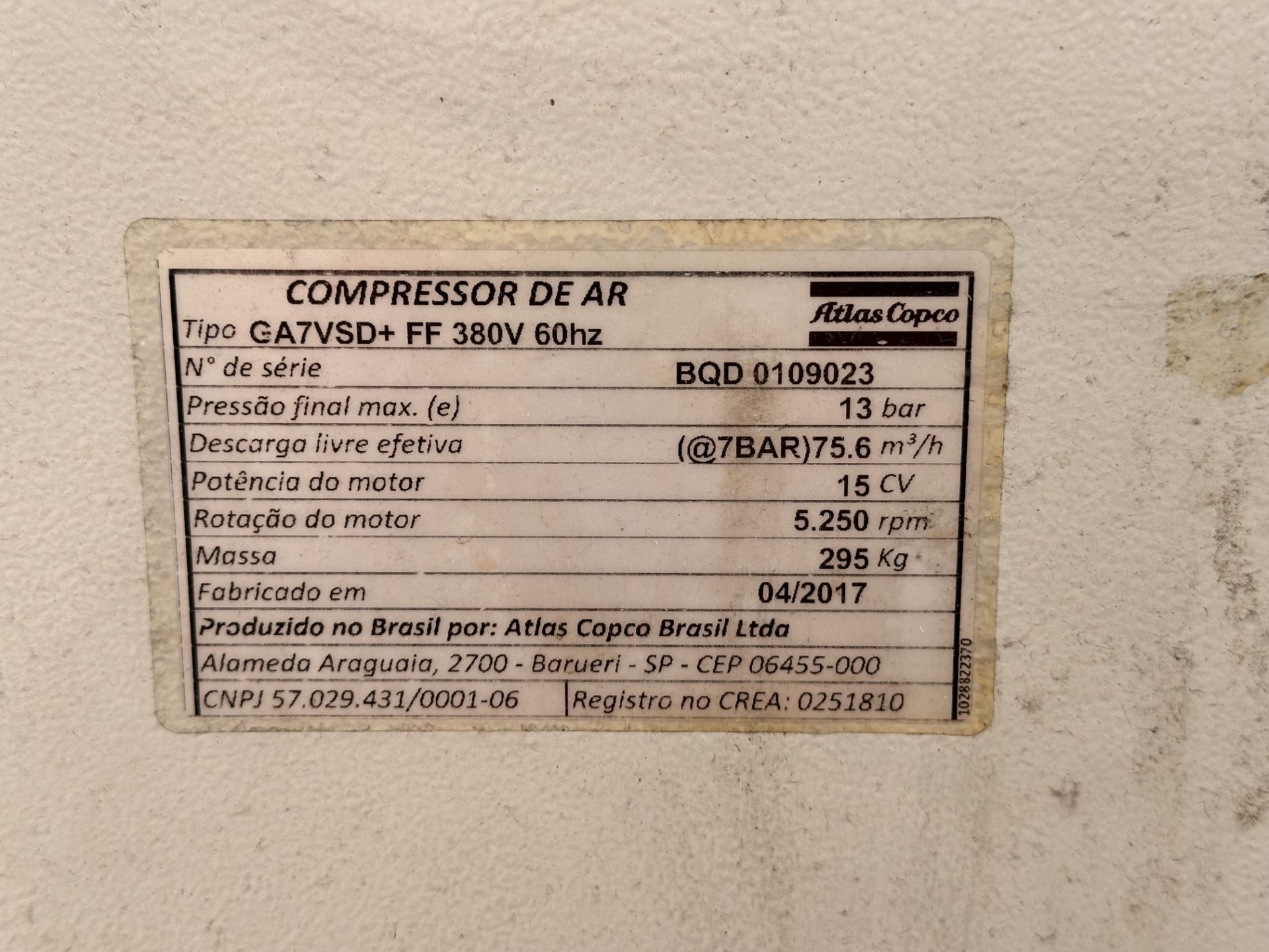 Atlas Copco Air Compressor, Model GA7VSD+ FF, Serial No. BQD 0109023, Year 2017, 380V, Maximum pres - Image 5 of 6