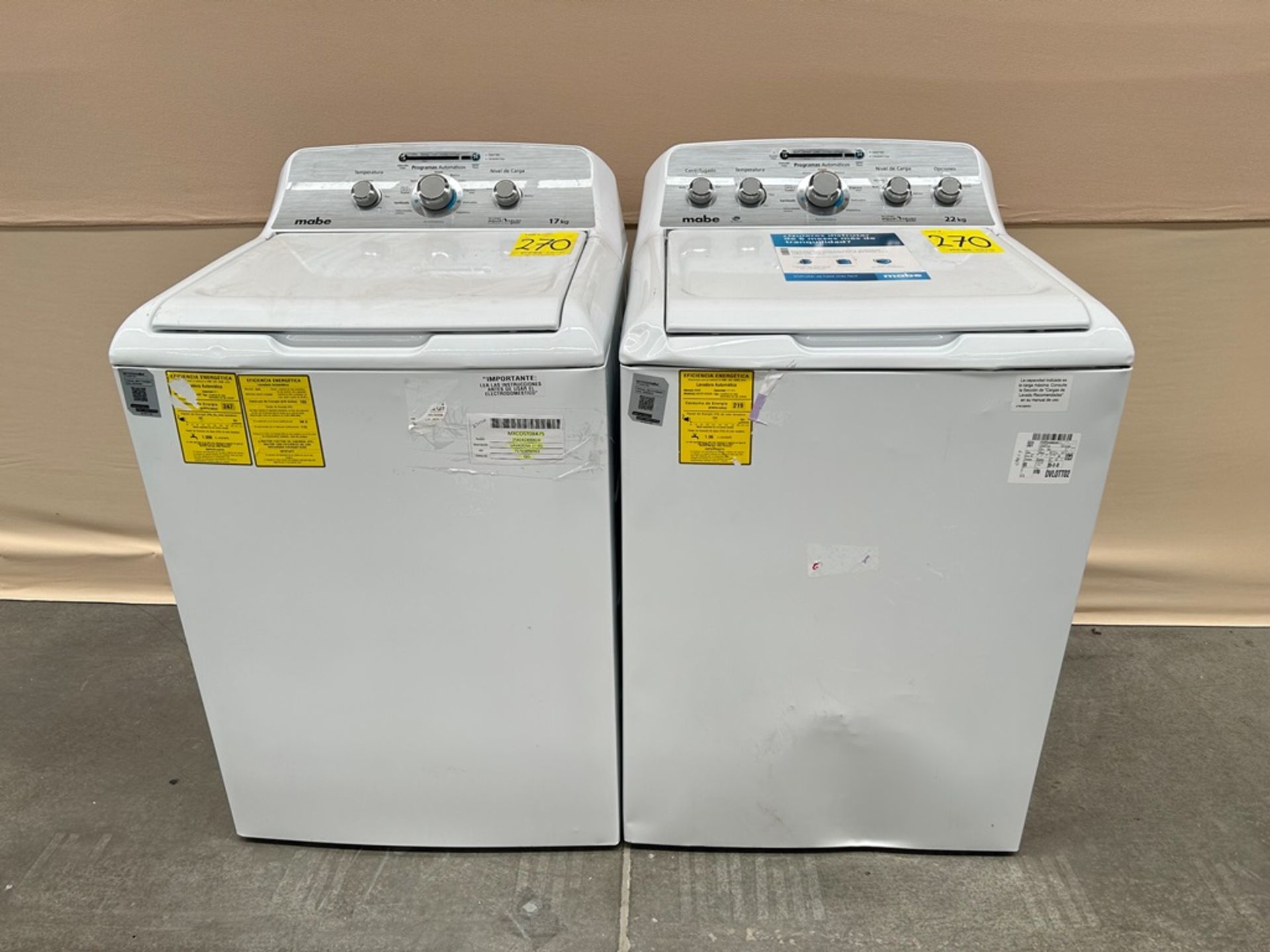 Lote de 2 lavadoras contiene: 1 Lavadora de 22 KG Marca MABE, Modelo LMA71214VBAB03, Serie S09013,