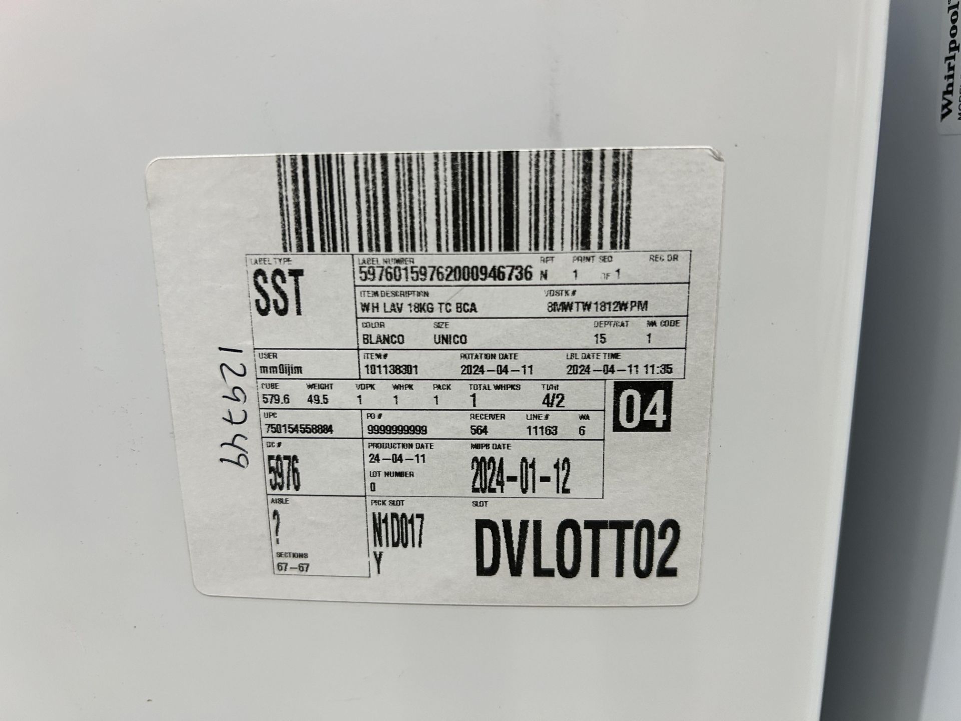 Lote de 2 lavadoras contiene: 1 Lavadora de 18 KG Marca WHIRPOOL, Modelo 8MWTW1812WPM0, Serie 08970 - Image 6 of 9