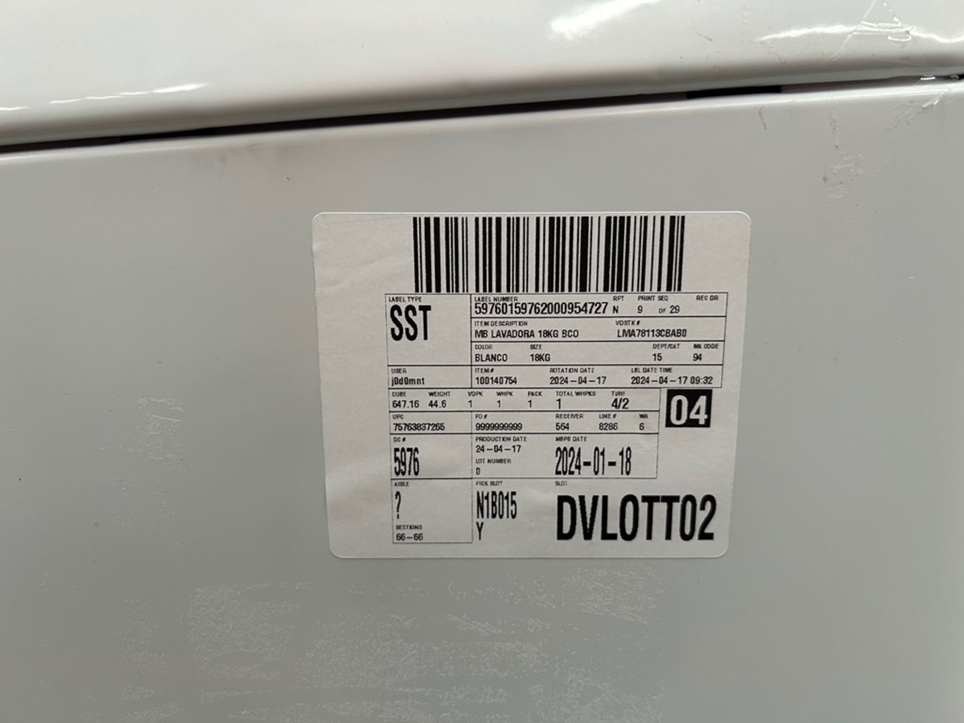 Lote de 2 lavadoras contiene: 1 Lavadora de 18 KG Marca MABE, Modelo LMA78113CBAB01, Serie S90918, - Image 9 of 10
