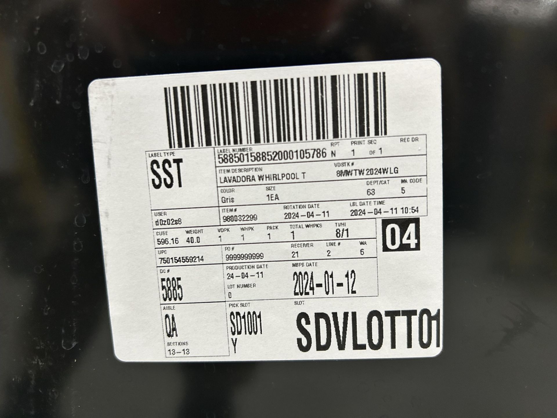 Lote de 2 lavadoras contiene: 1 Lavadora de 20 KG Marca WHIRPOOL, Modelo 8MWTW2024WLG0, Serie 30353 - Image 7 of 9