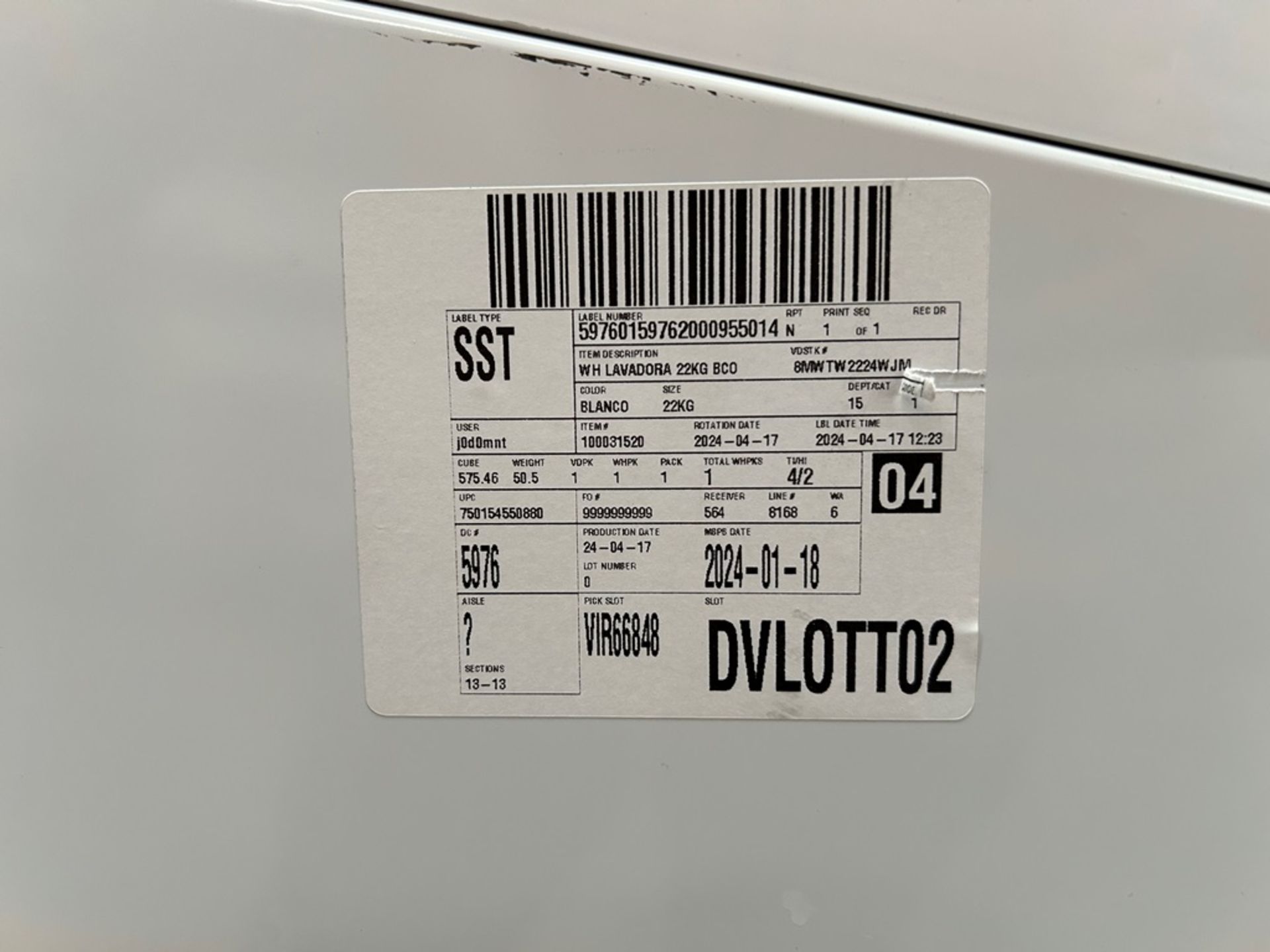 Lote de 2 lavadoras contiene: 1 Lavadora de 22 KG Marca WHIRPOOL, Modelo 8MWTW2224WJM0, Serie 32469 - Image 7 of 10