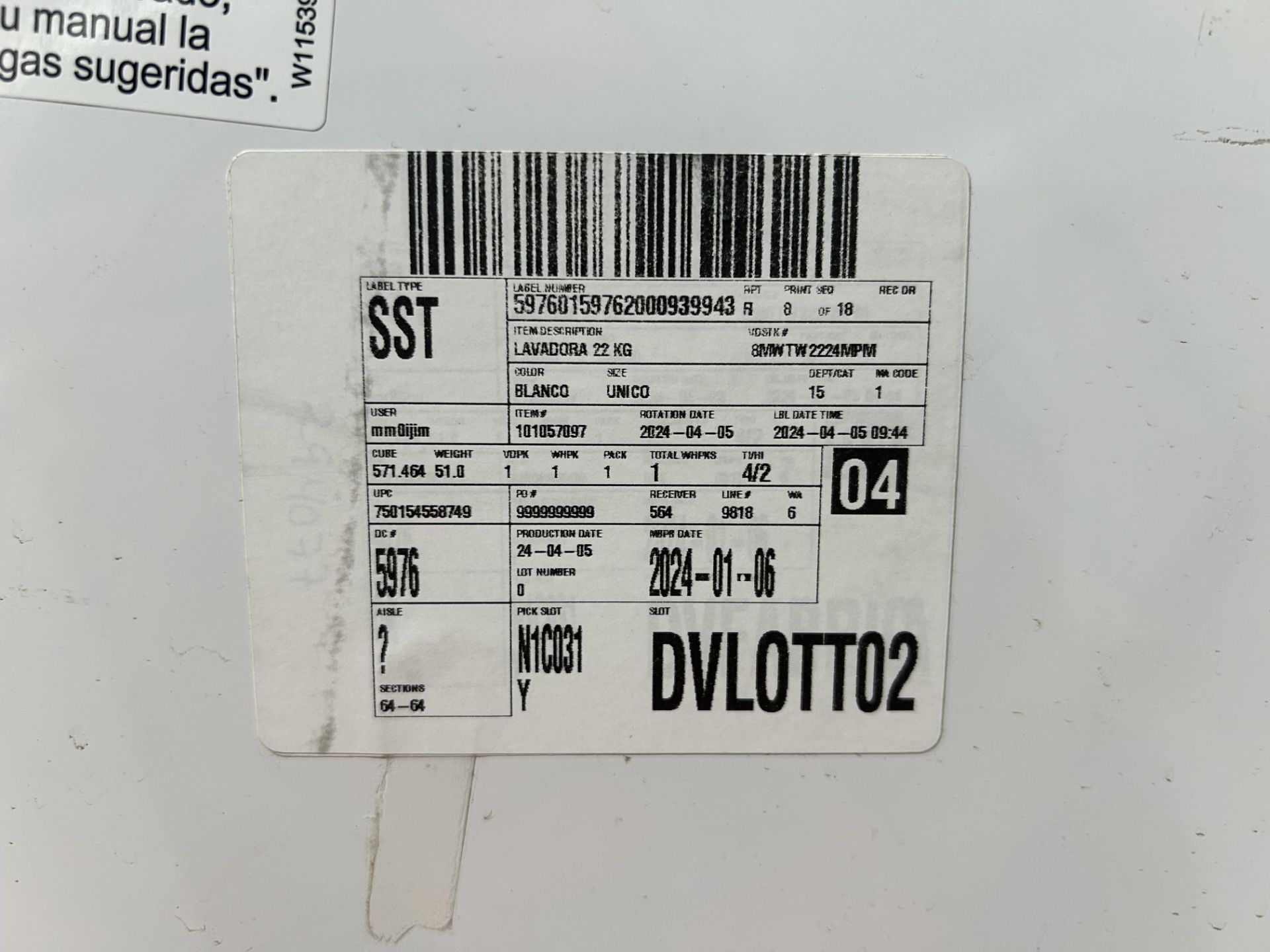 Lote de 2 lavadoras contiene: 1 Lavadora de 22 KG Marca WHIRPOOL, Modelo 8MWTW2224MPM0, Serie 44328 - Image 6 of 9