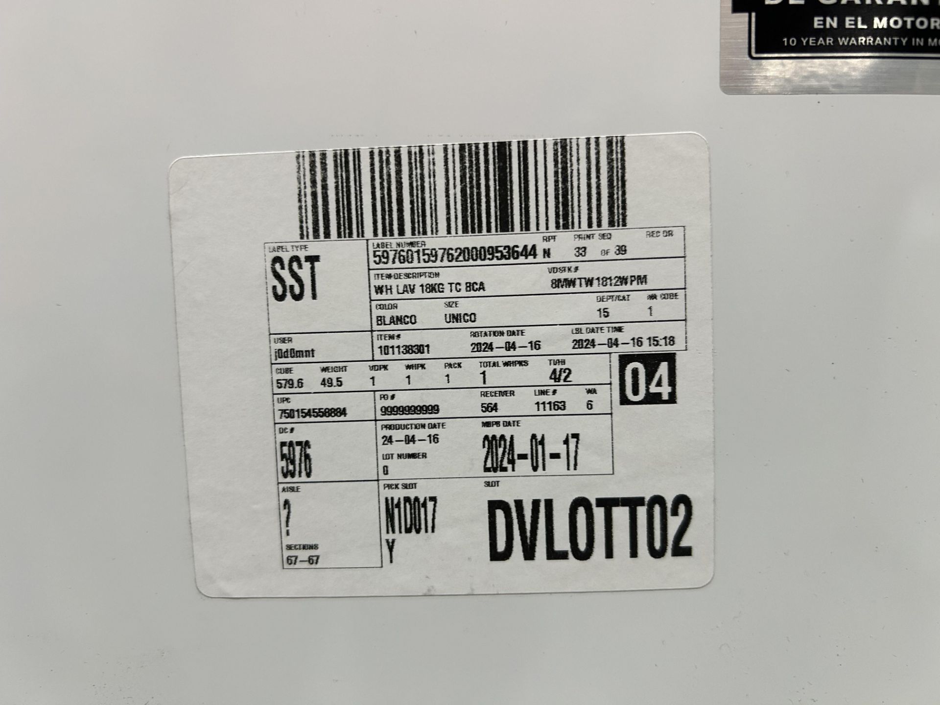 Lote de 2 lavadoras contiene: 1 Lavadora de 18 KG Marca WHIRPOOL, Modelo 8MWTW1812WPM0, Serie 08970 - Image 7 of 9