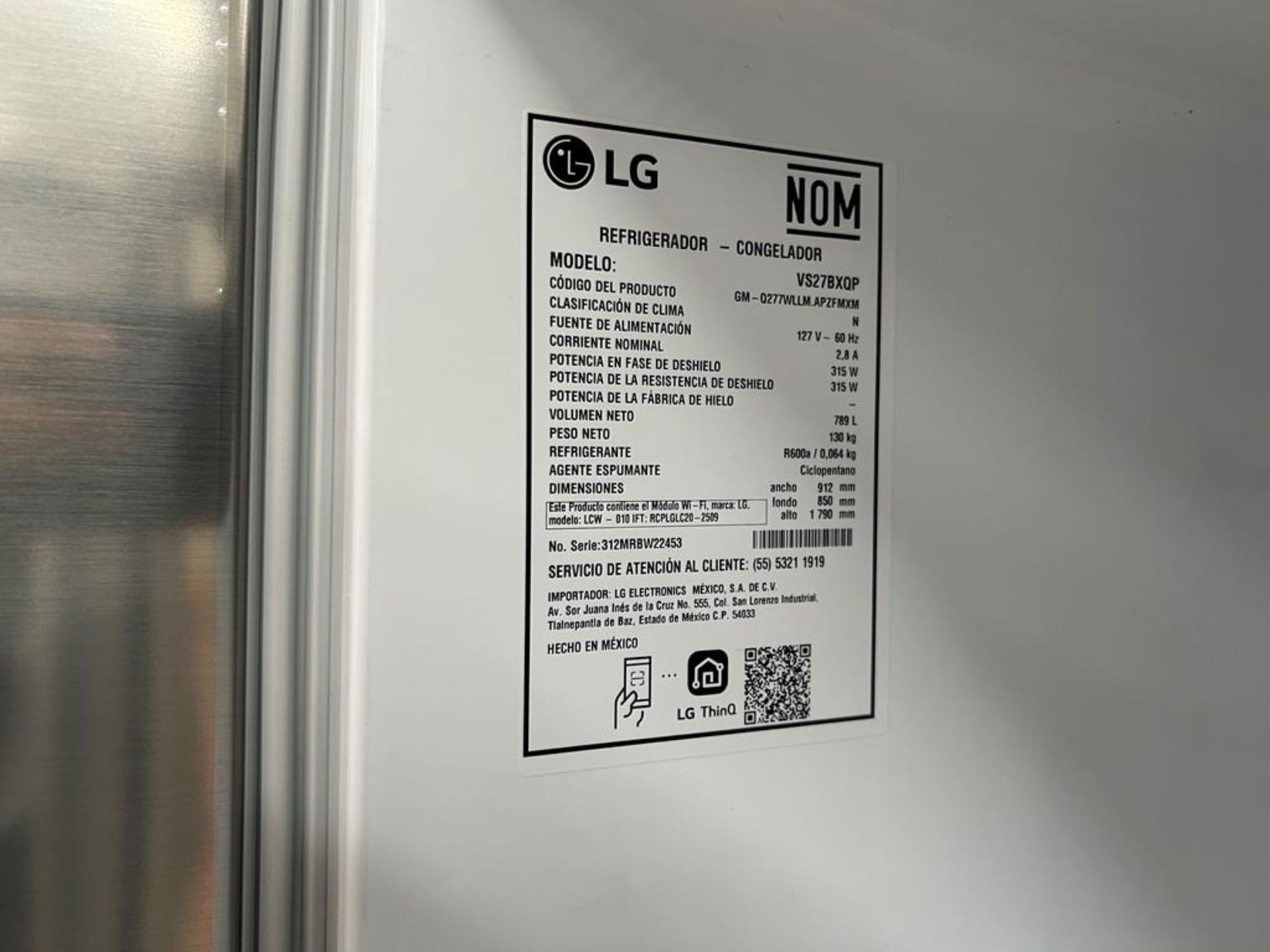 (NUEVO) Refrigerador Marca LG, Modelo VS27BXQP, Serie 22453, Color GRIS - Image 6 of 8