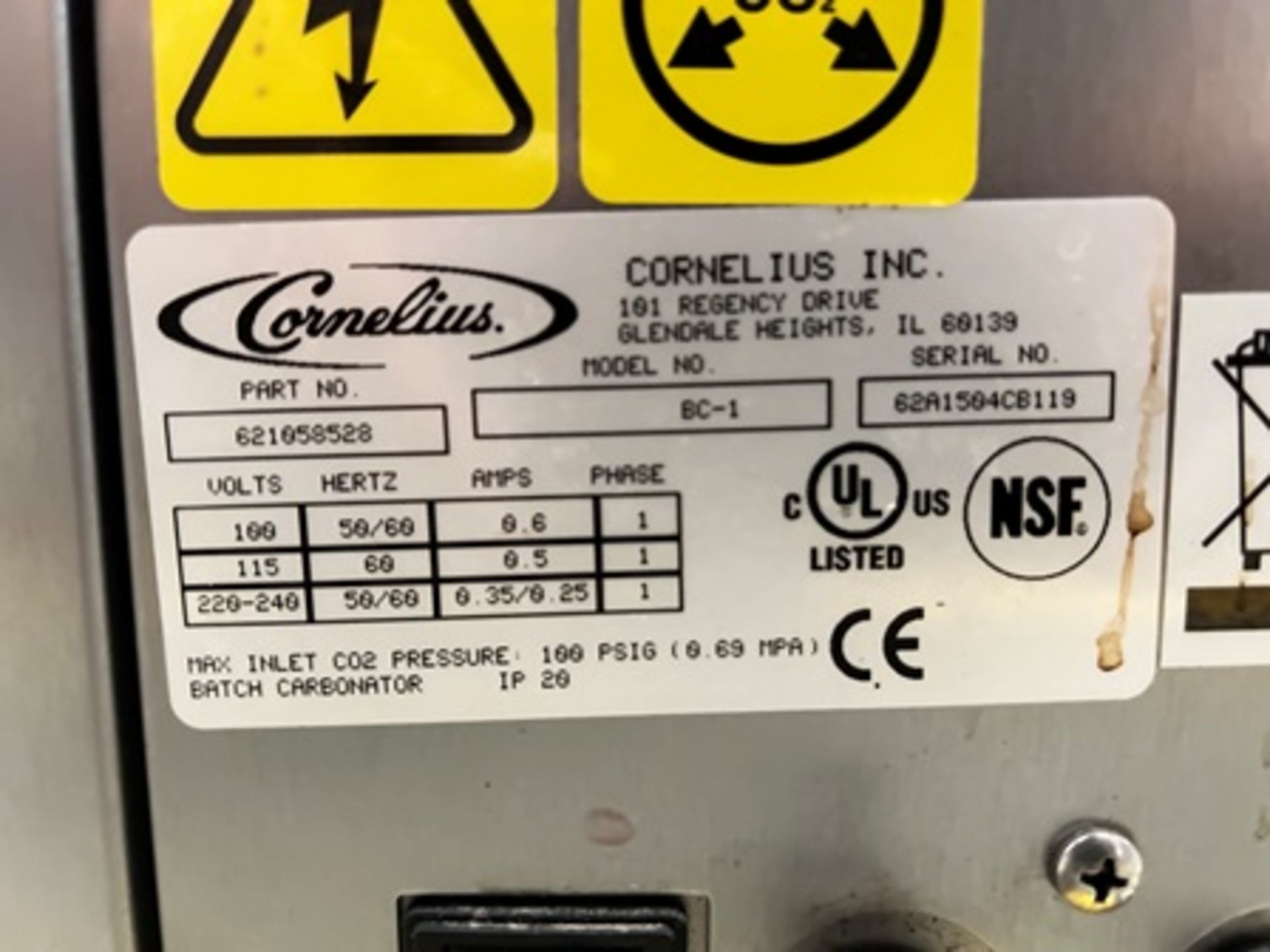 1 Gasificadora Marca CORNELIUS, Modelo BC-1, Serie 62A1504CB119, 100/115/220/240 v 50/60Hz (Equipo - Image 5 of 6