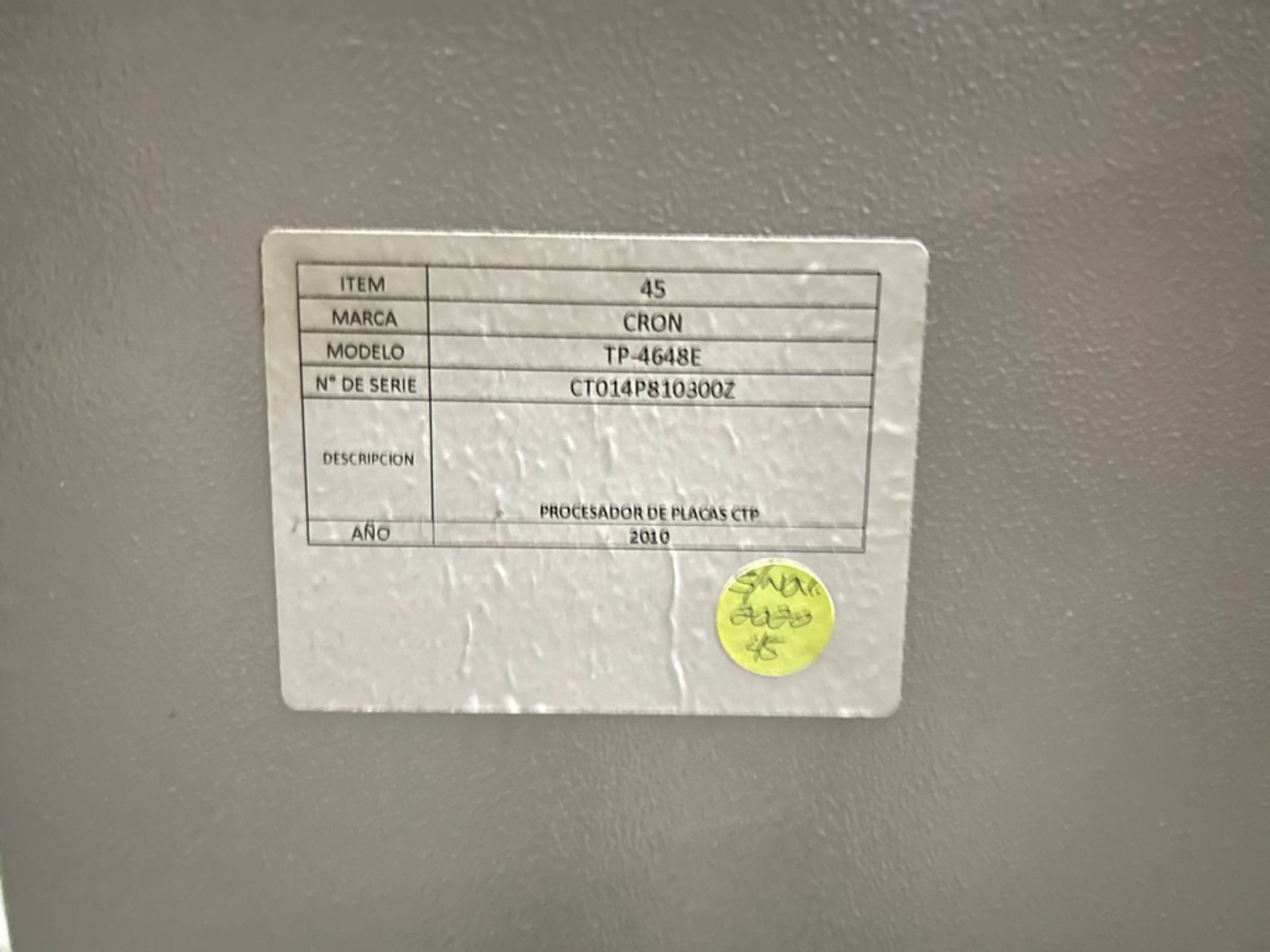 Procesador de placas (Filmador CTP) Marca CRON, Modelo TP-4648E, No de serie CT014P810300Z, Año 201 - Image 8 of 9