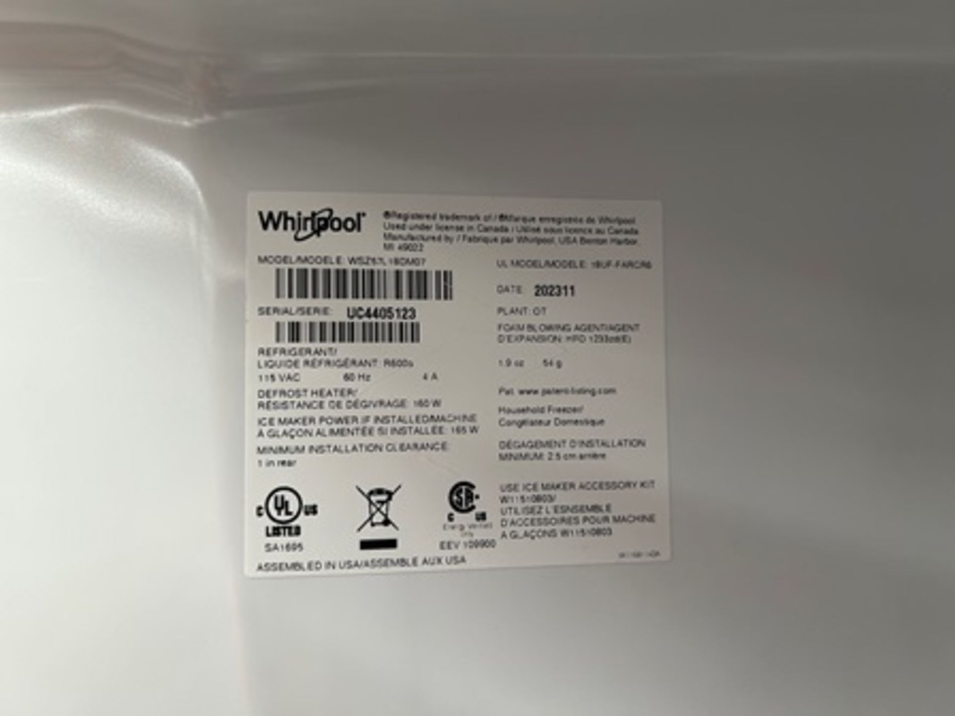 Refrigerador con dispensador de agua Marca WHIRLPOOL, Modelo WSZ57L18DM07, Serie 405123, Color GRIS - Image 7 of 9