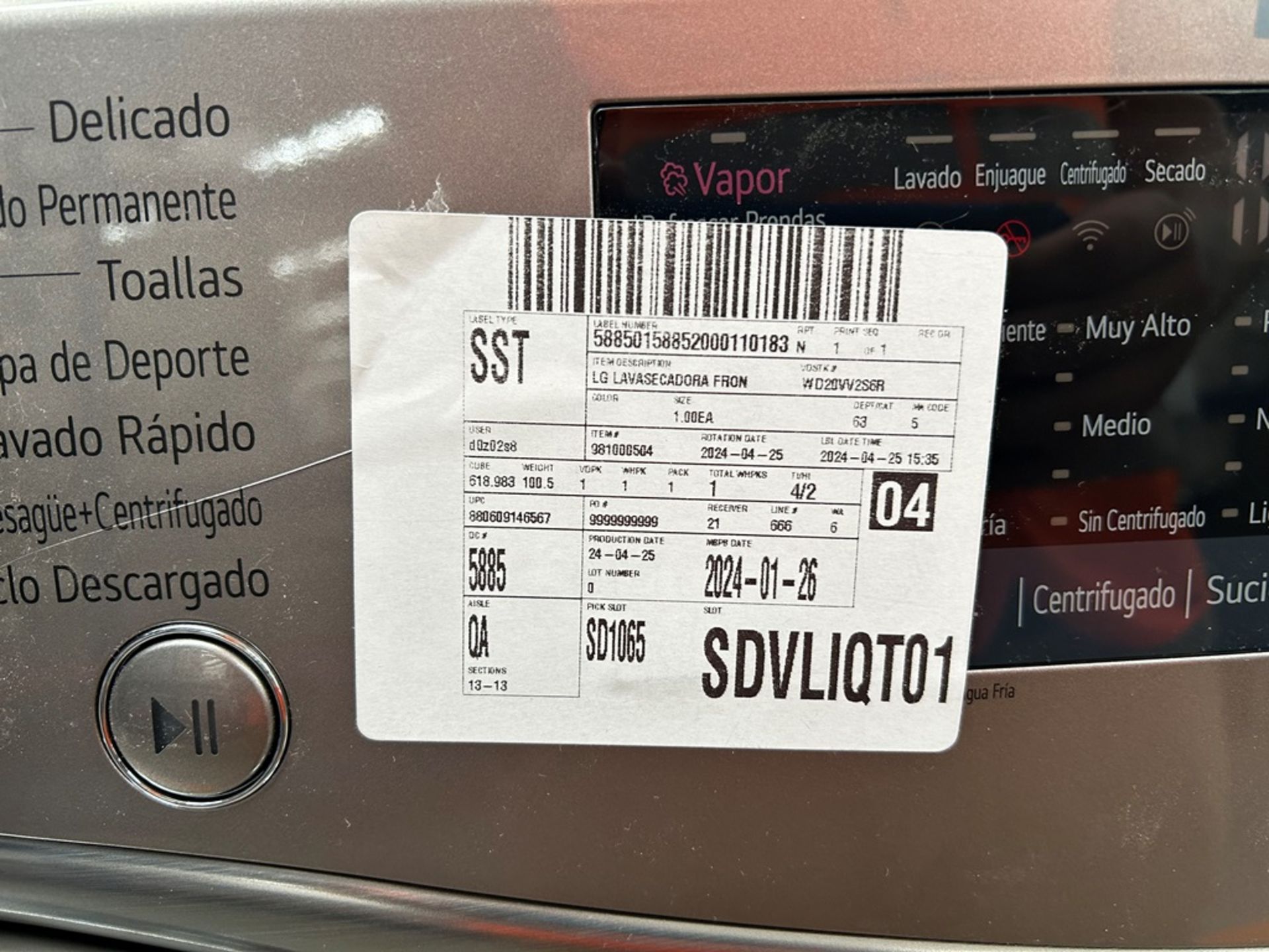 Lavasecadora de 20/11 KG, Marca LG, Modelo WD20VV2S6R, Serie X0V008, Color GRIS (Equipo de devoluci - Image 6 of 7