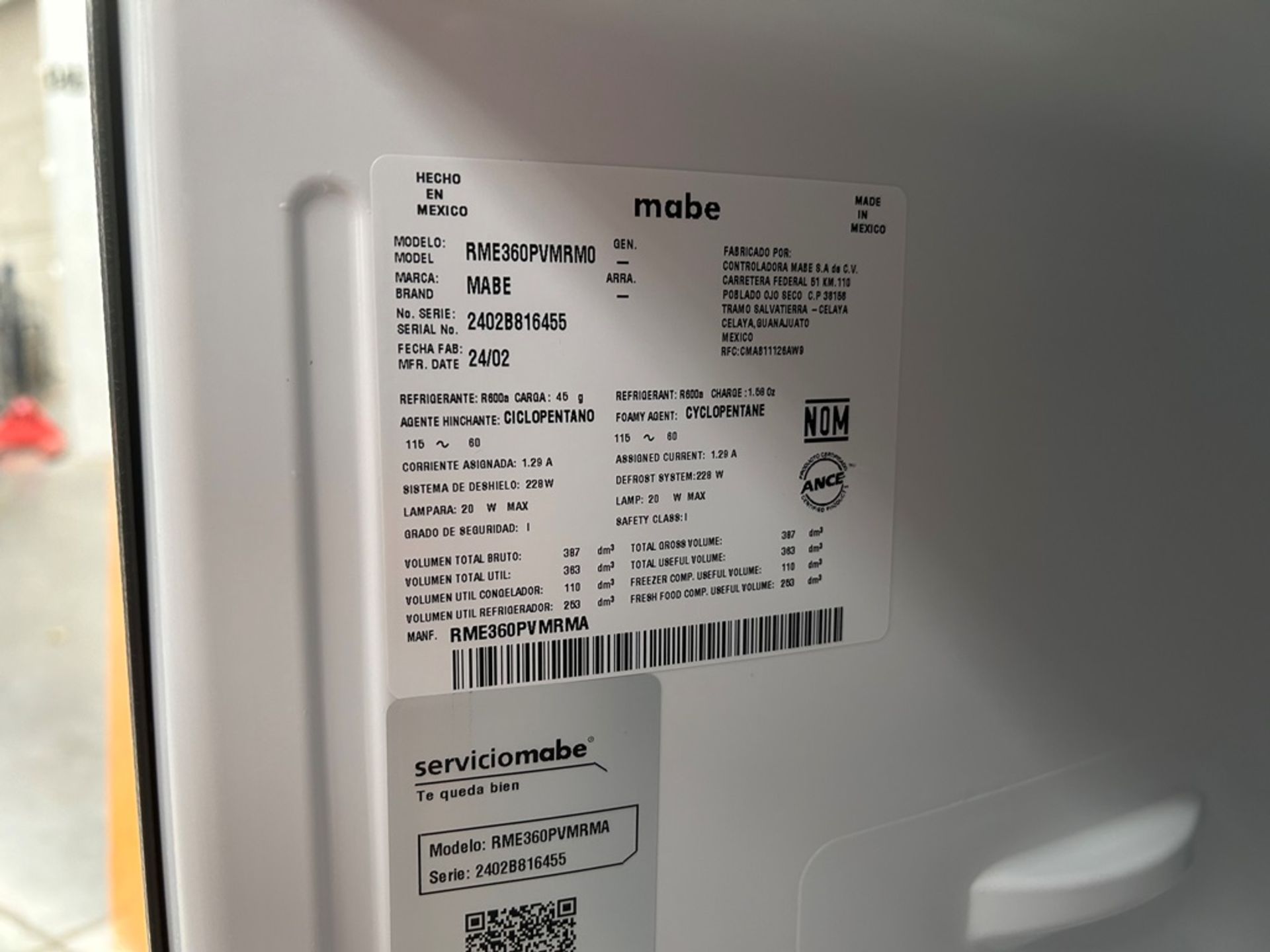 Lote de 2 refrigeradores contiene: 1 refrigerador Marca MABE, Modelo RME360FVMRMA, Serie 816455, Co - Image 16 of 18