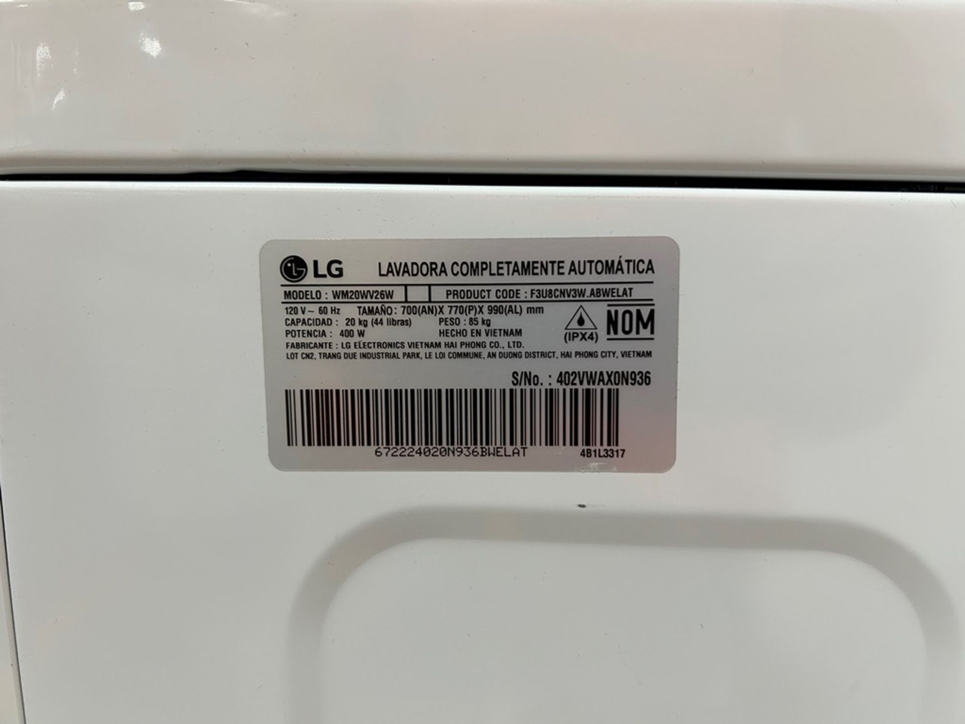 Lavadora de 20 KG, Marca LG, Modelo WM20WV26W, Serie X0N936, Color BLANCO (Equipo de devolución) - Image 6 of 8
