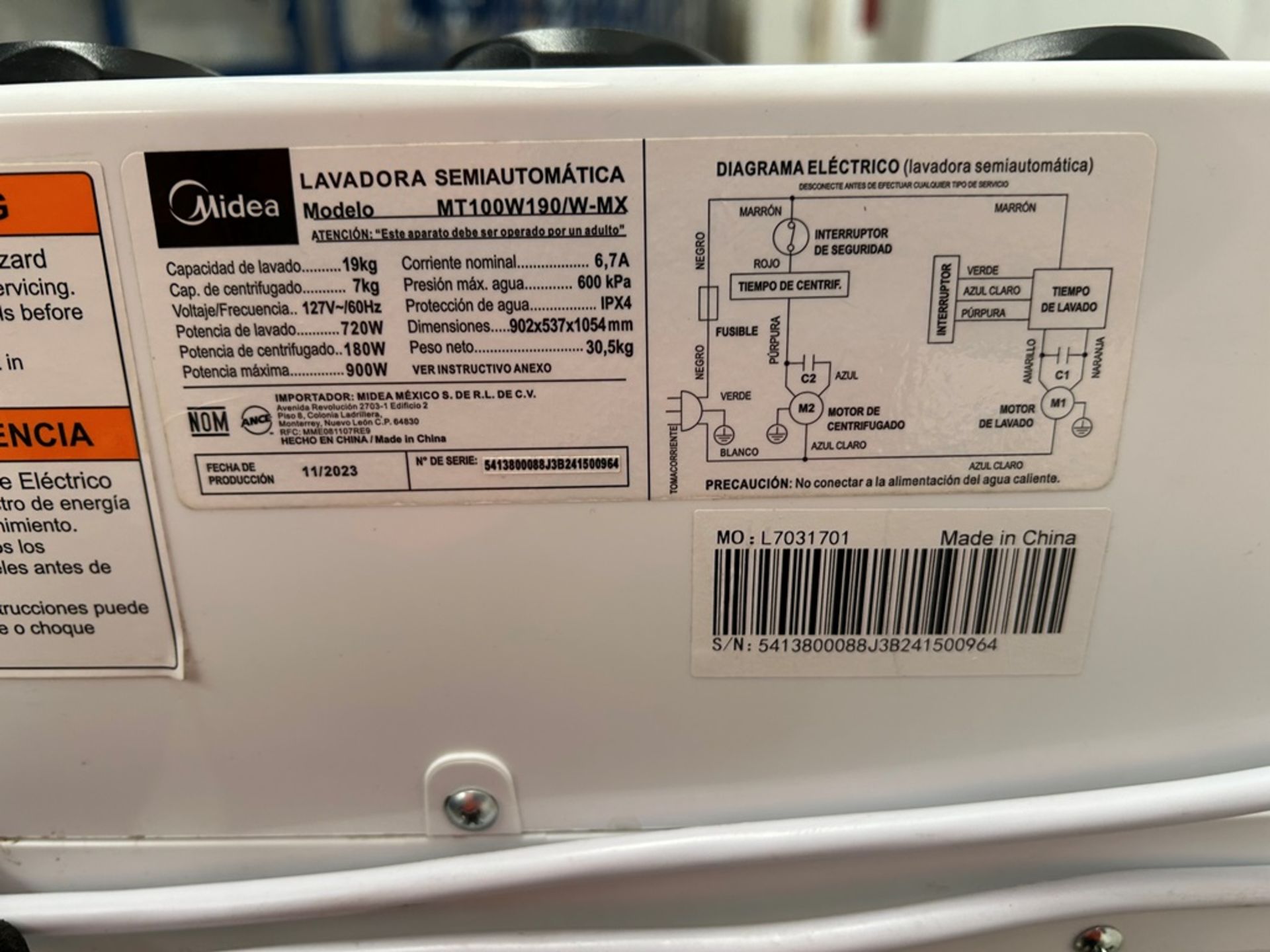 Lote de 2 lavadoras contiene: 1 Lavadora de 19 KG, Marca MIDEA, Modelo MT100W190WMX, Serie 500964, - Image 5 of 11