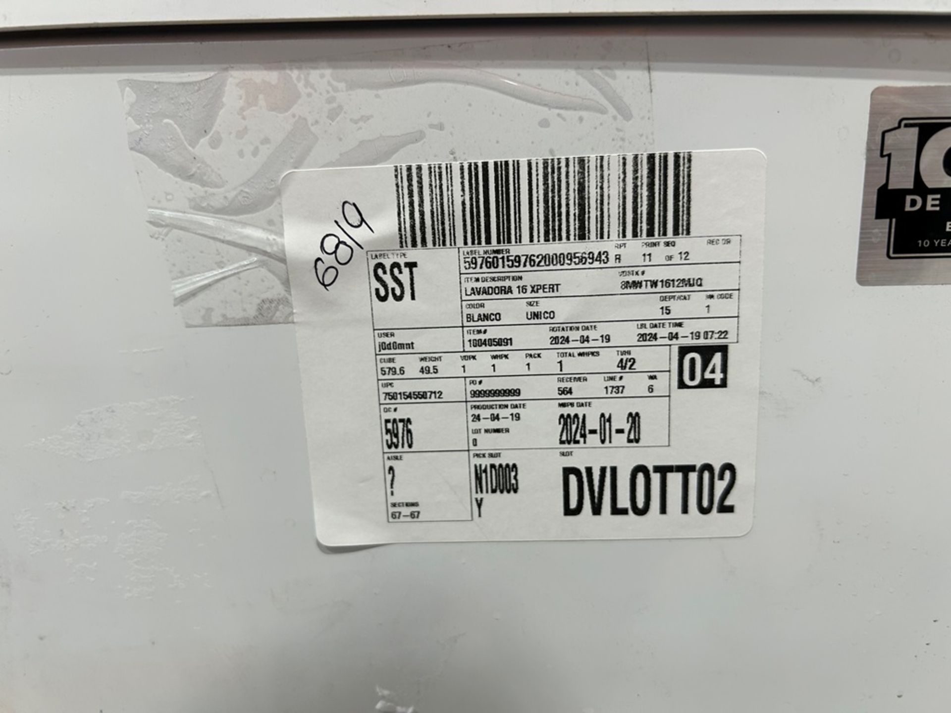 Lote de 2 lavadoras contiene: 1 Lavadora de 16KG Marca WHIRLPOOL, Modelo 8MWTW1612MJQ1 - Image 9 of 10