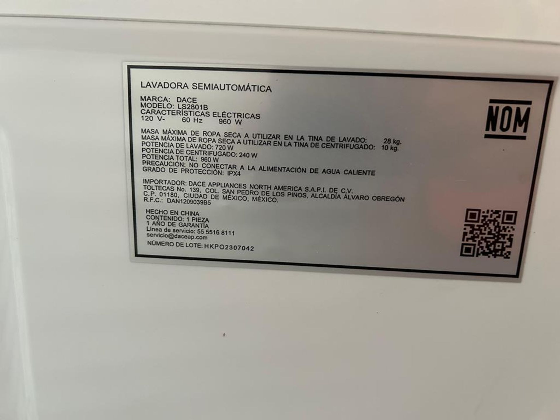Lavadora de 28 KG, Marca DACE, Modelo LS2801B, Serie 07042, Color BLANCO (Equipo de devolución) - Image 11 of 14