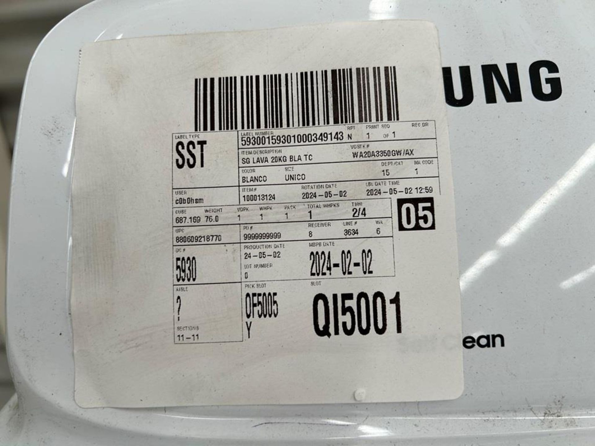 Lote de 2 Lavadoras contiene: 1 Lavadora de 19 KG, Marca SAMSUNG, Modelo WA19A3351GY, Serie 00074V, - Image 7 of 9