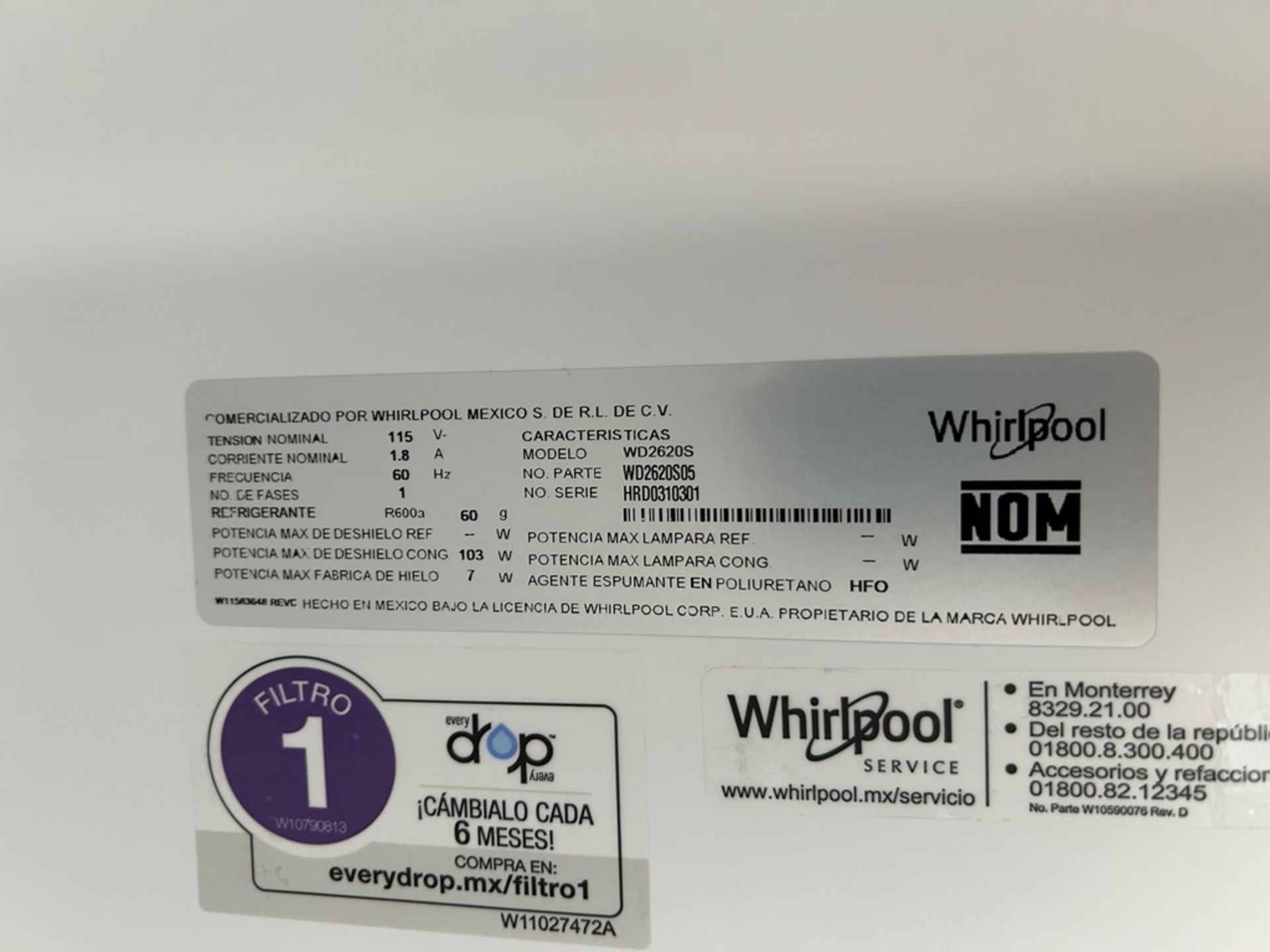 Refrigerador con dispensador de agua Marca WHIRPOOL, Modelo WD2620S, Serie 10301, Color GRIS (Equip - Image 9 of 11