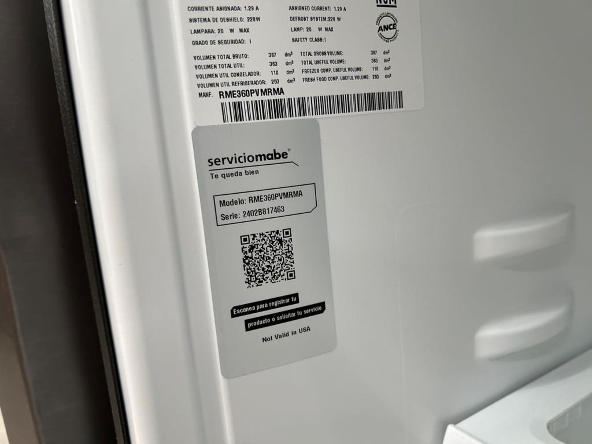 Lote de 2 refrigeradores contiene: 1 Refrigerador Marca MABE, Modelo RME360PVMRM0, Serie 01177, Col - Image 16 of 18