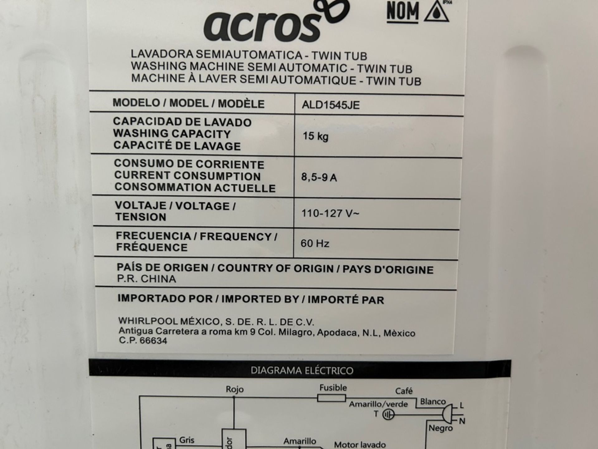 Lote de 2 Lavadoras contiene: 1 Lavadora de 15 KG, Marca ACROS, Modelo ALD1545JE, Serie 30905, Colo - Image 6 of 10