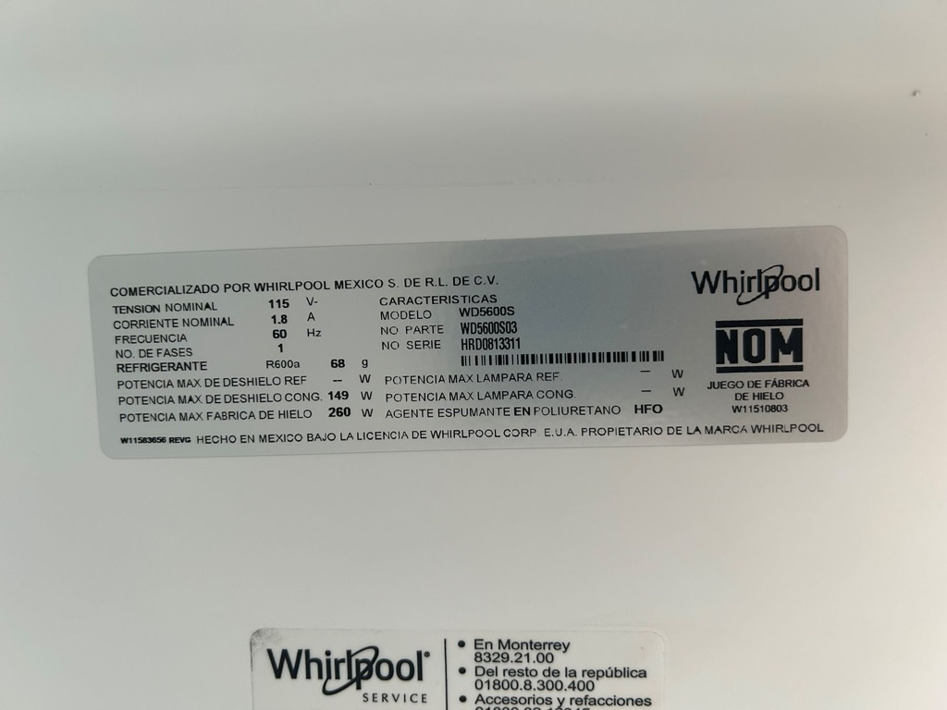 Refrigerador Marca WHIRLPOOL, Modelo WD5600S, Serie 813311, Color GRIS (Equipo de Devolución) - Image 7 of 9