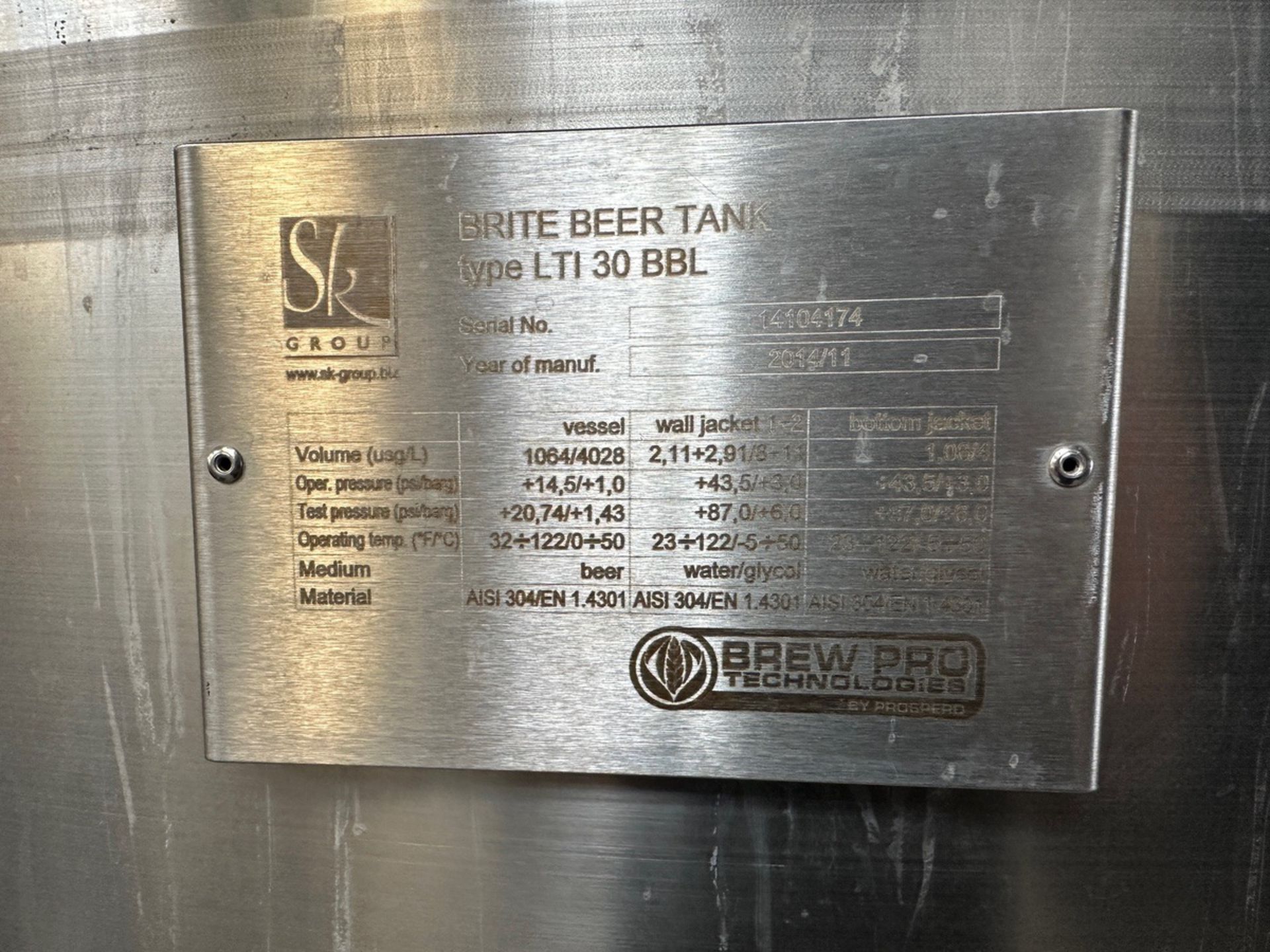 Prospero Brew Pro 30 BBL Stainless Steel Brite Tank - Dish Bottom, Glycol Jacketed, | Rig Fee $1250 - Image 3 of 3