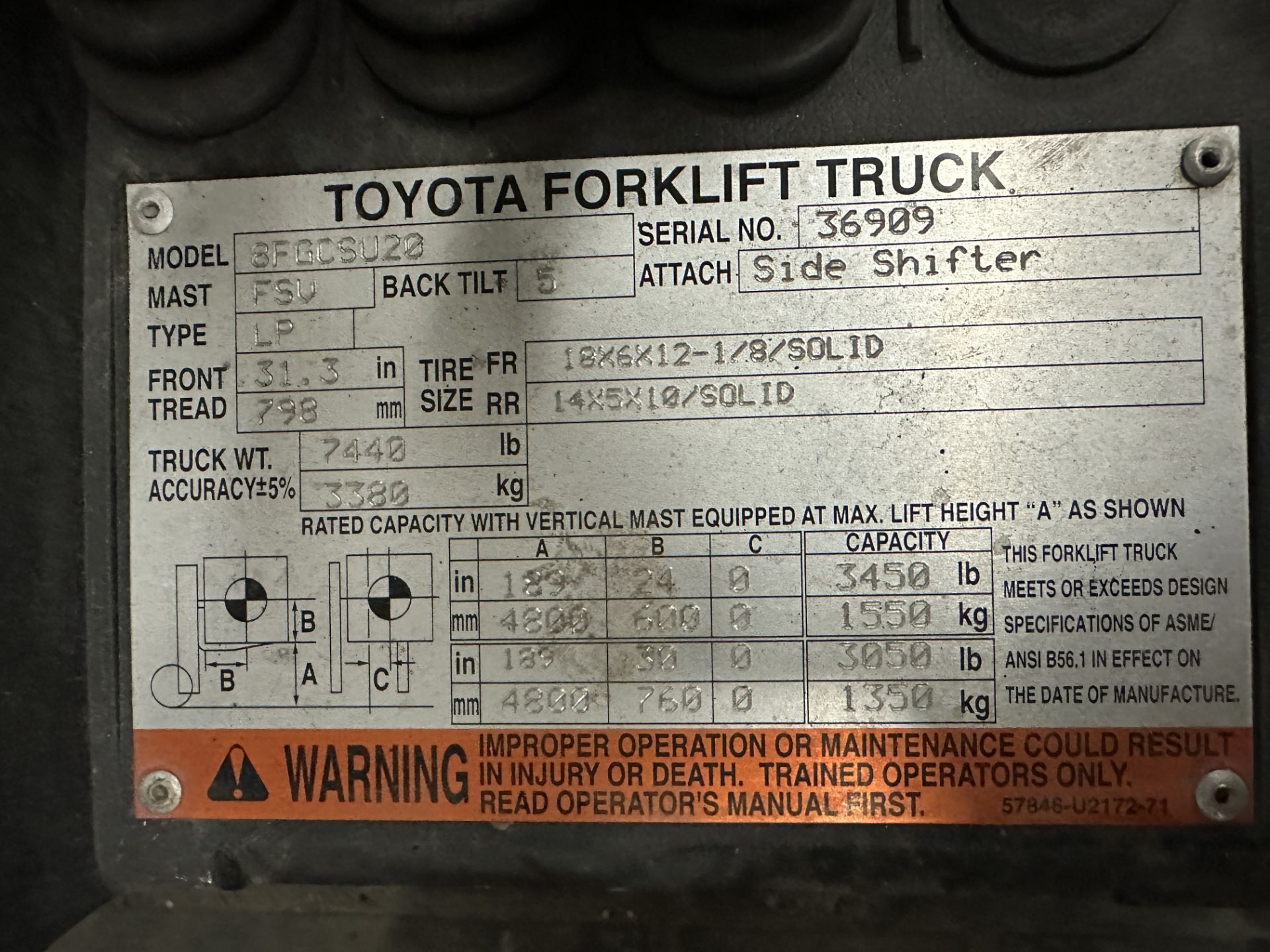 Toyota Model 8FGCSU20 LPG Forklift, 3,450#, 189", Side Shift (LP Tank Not Included) | Rig Fee $100 - Image 4 of 5