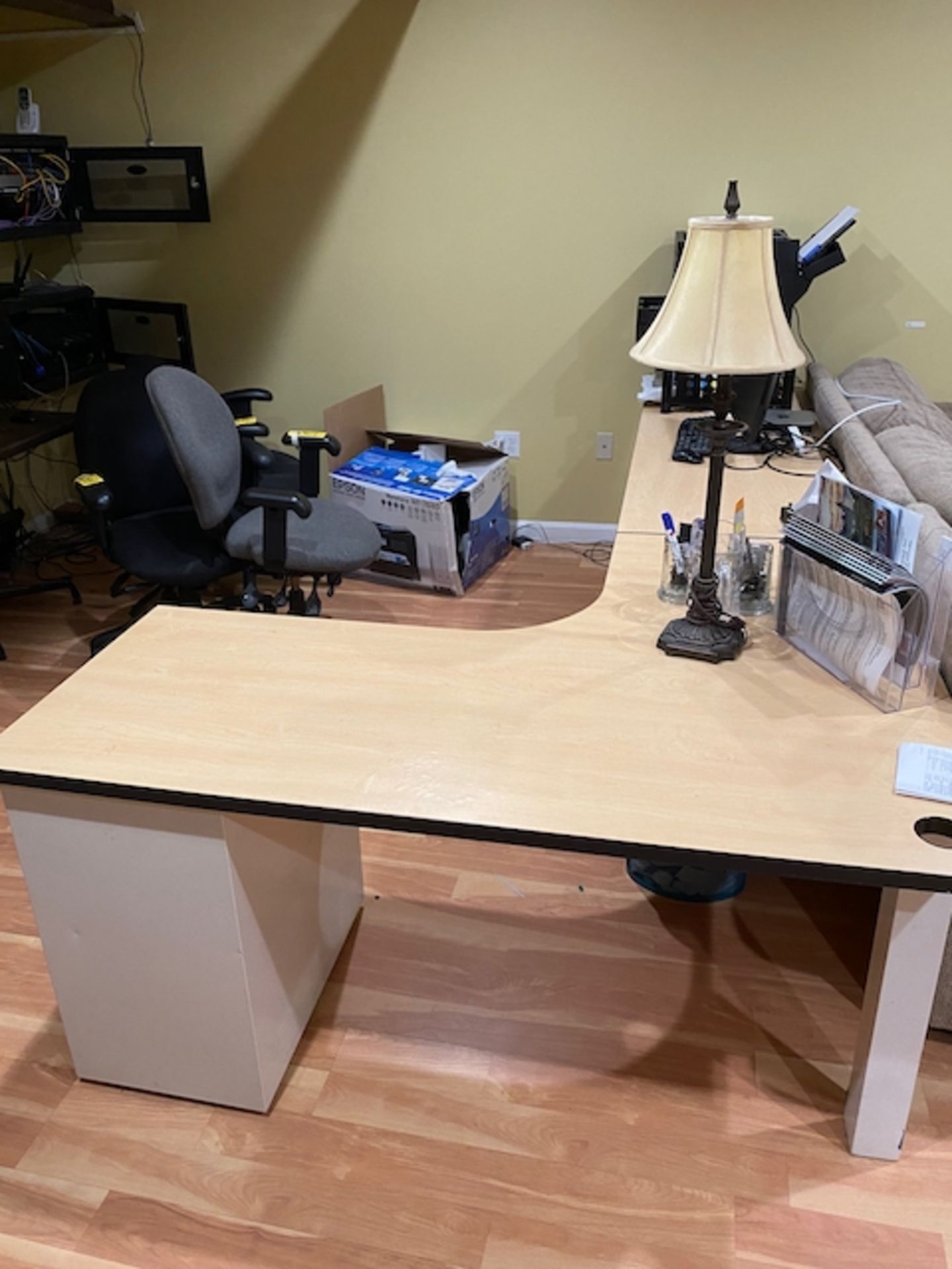 Workstation with Filing Drawers, Plus Lot of office Supplies - Stapler, Paper Cutte | Rig Fee $200 - Image 2 of 8