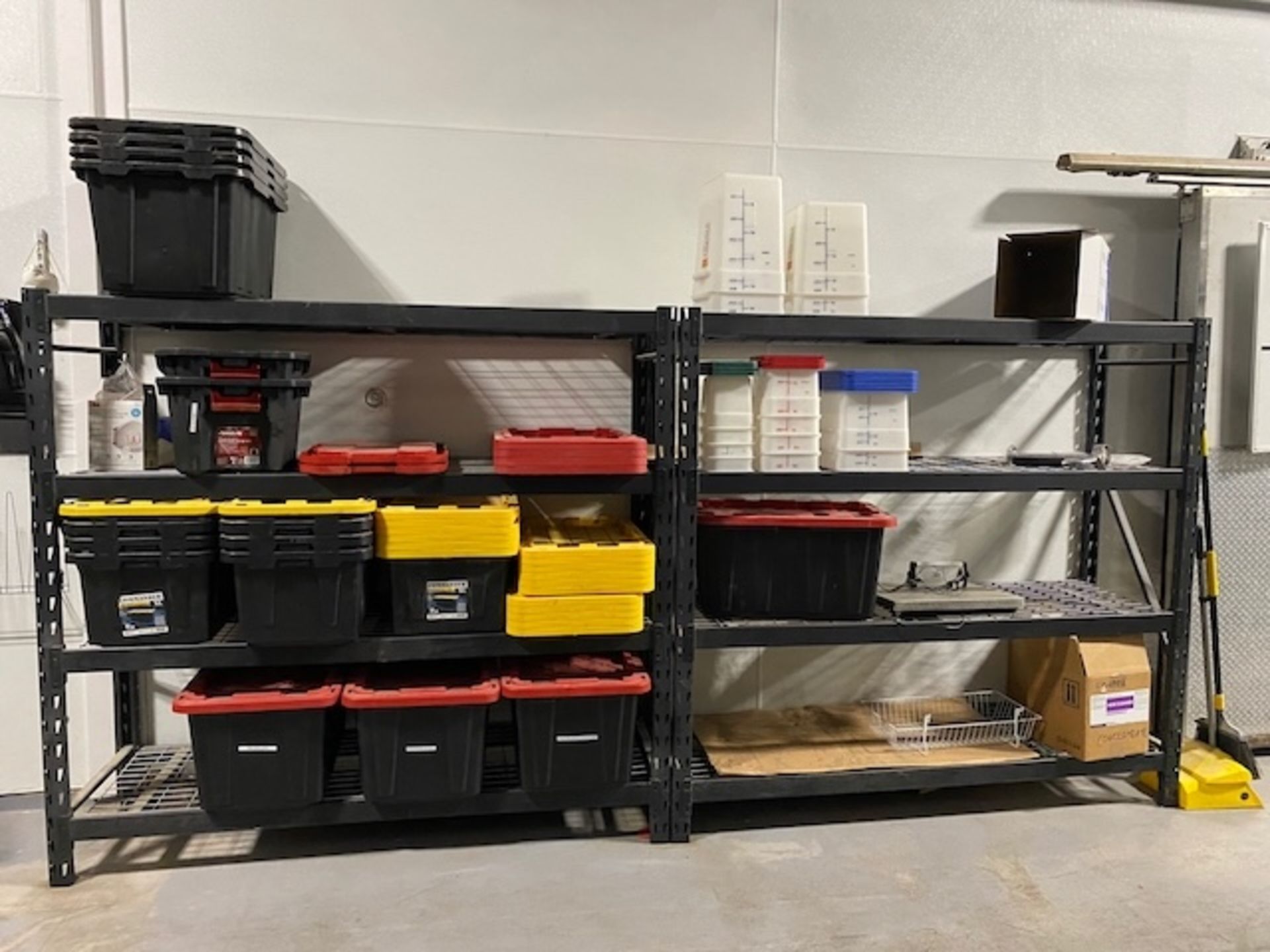 (2) Metal Shelving Units 24"'X77"X72" with Assorted Rubbermaid Bins | Rig Fee $100