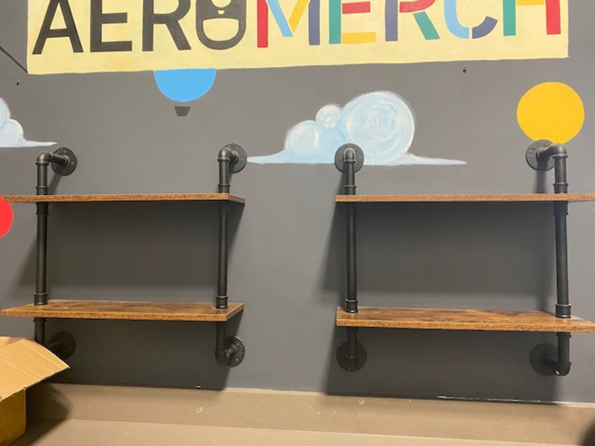 Merchandise Shelving with Black Pipe and Wood (3 Sets - 2 Installed and One New In | Rig Fee $15