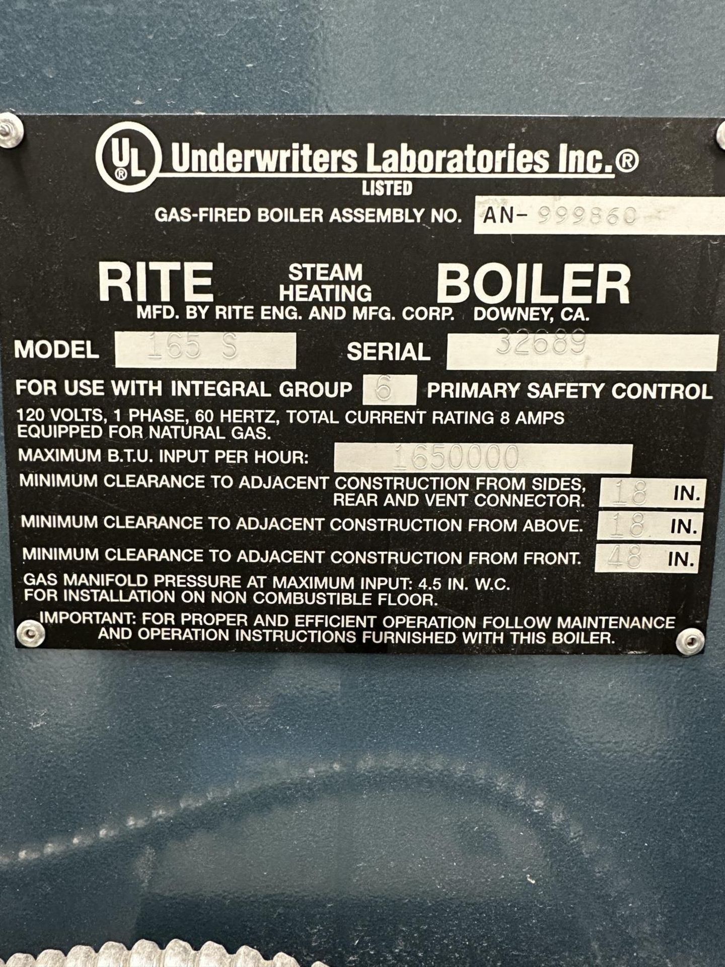 Rite Engineering Model 165S Steam Boiler, 250 Max. Water Temp., Honeywell Pressure Controls with Con - Image 2 of 6