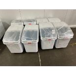 Lot of (8) 38 Gallon Rubbermaid Ingredient Containers and (1) 55 Gallon Barrel on D | Rig Fee $35